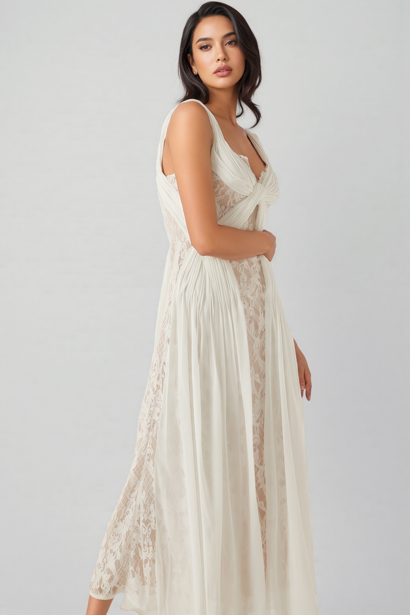 Layana White Lace Pleated Maxi Dress