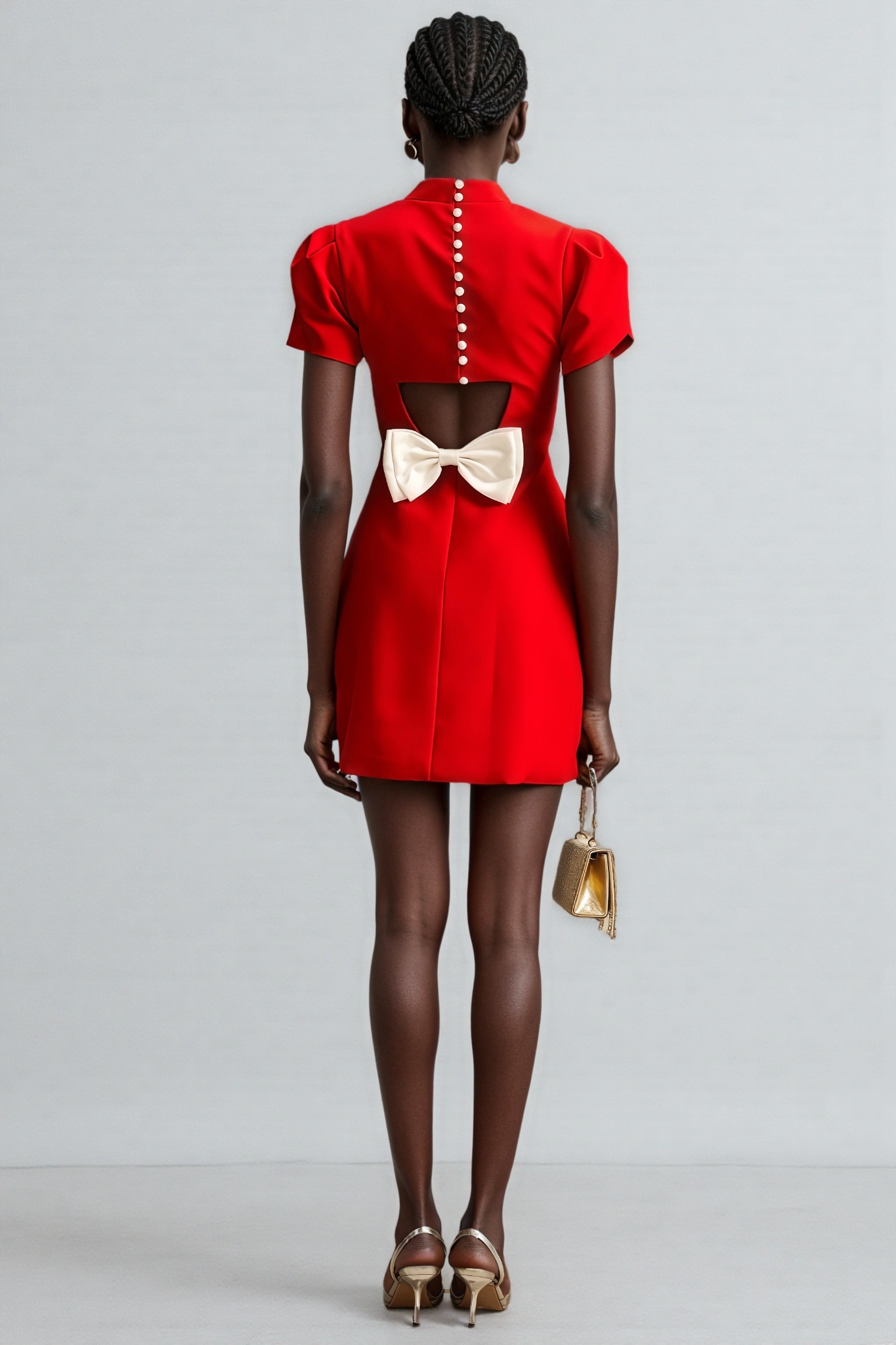 Manik Red Petal-sleeve Bow Mini Dress