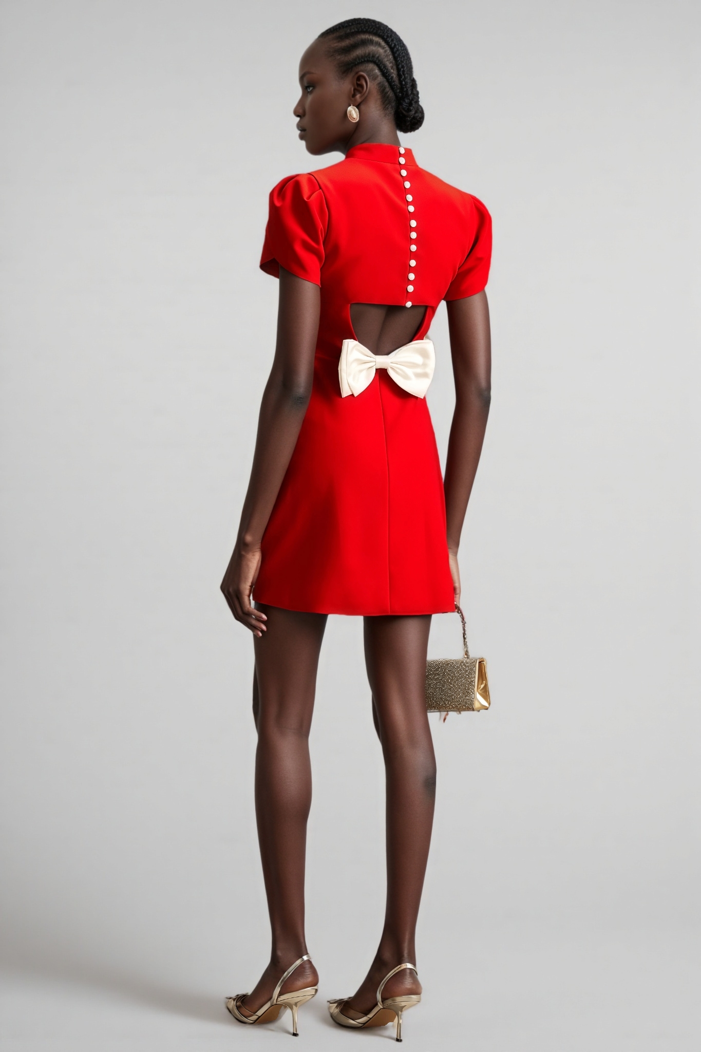 Manik Red Petal-sleeve Bow Mini Dress