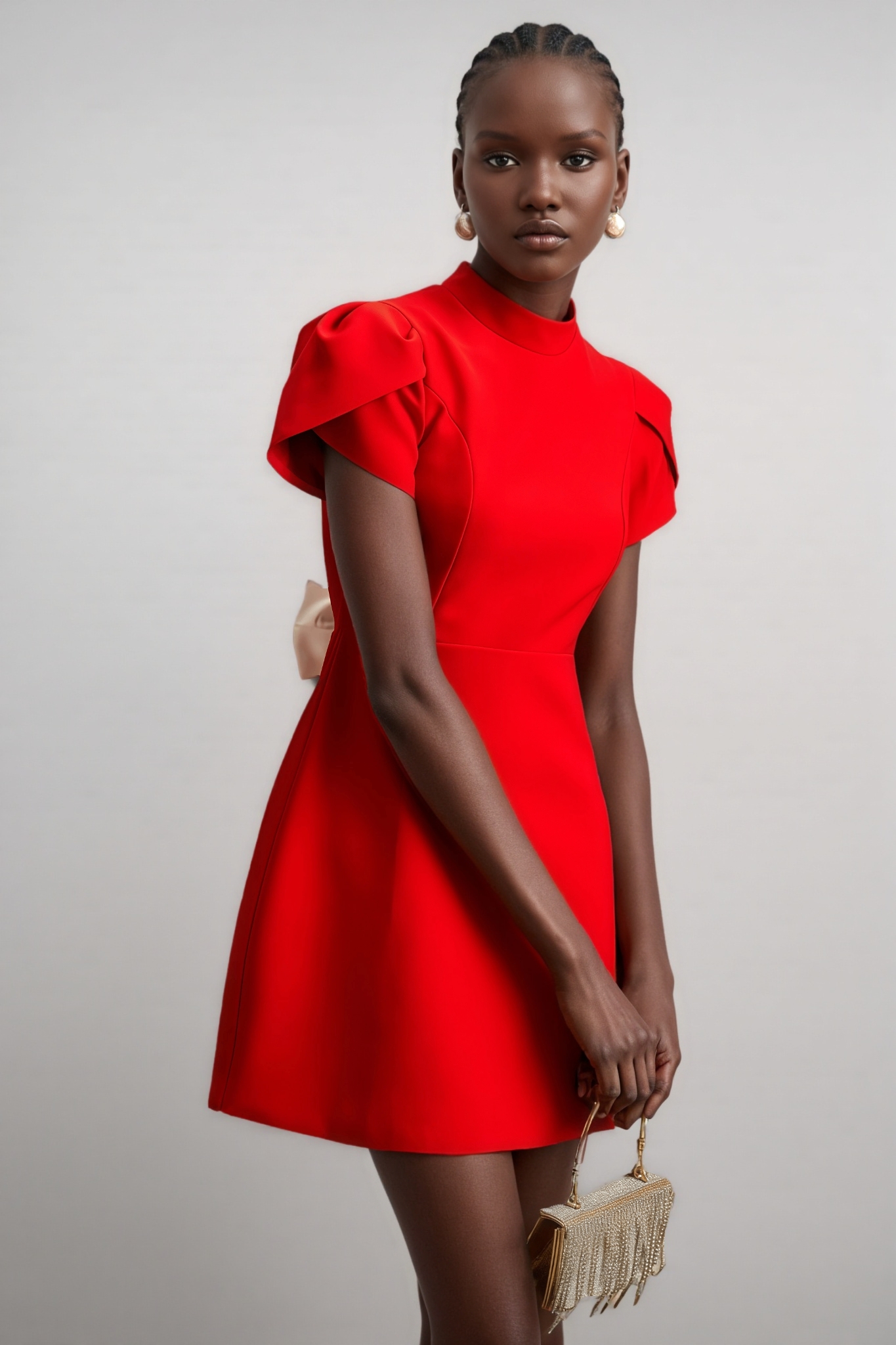 Manik Red Petal-sleeve Bow Mini Dress