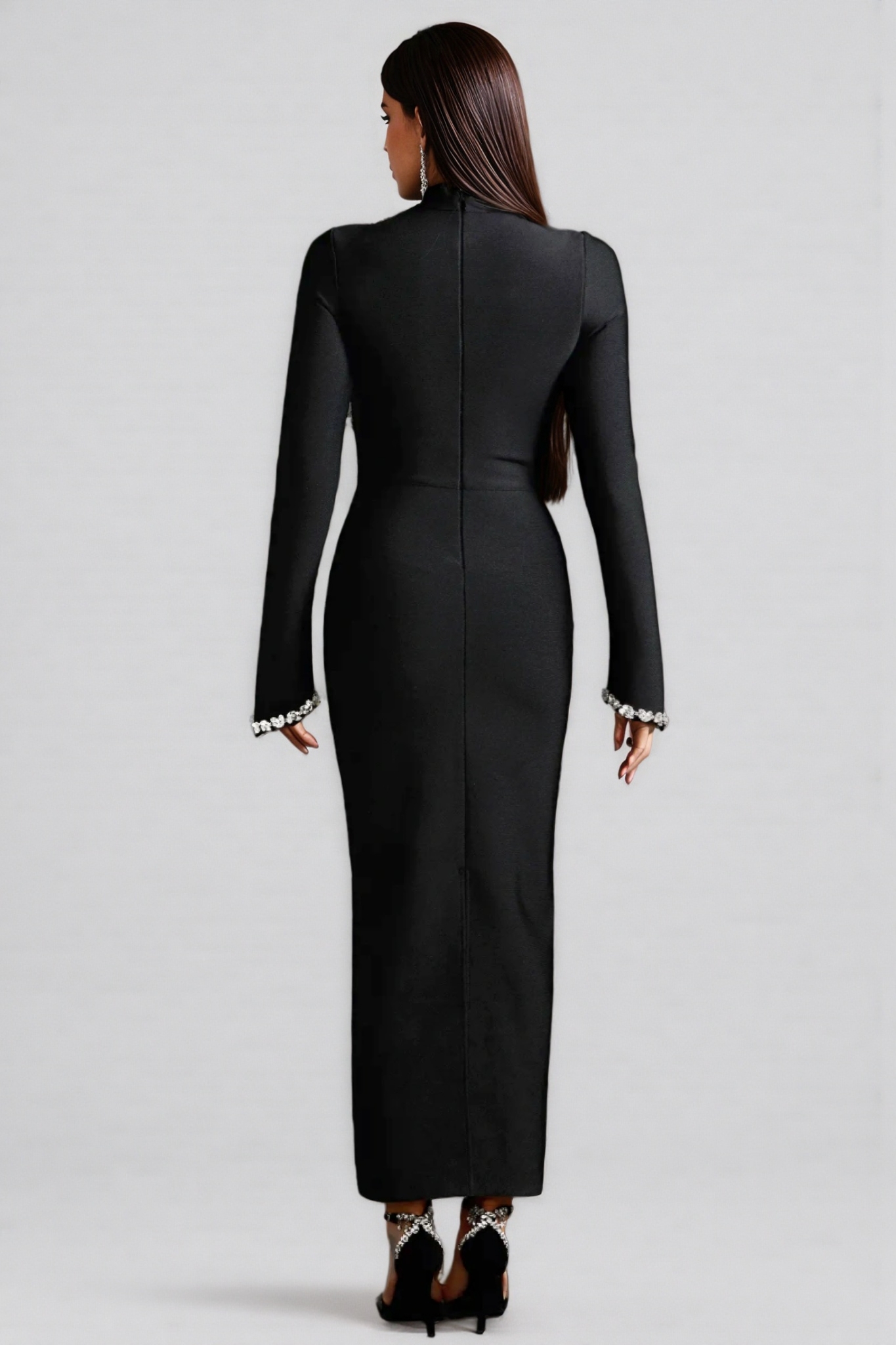 Jersey Diamond Setting Long Sleeve Bandage Maxi Dress