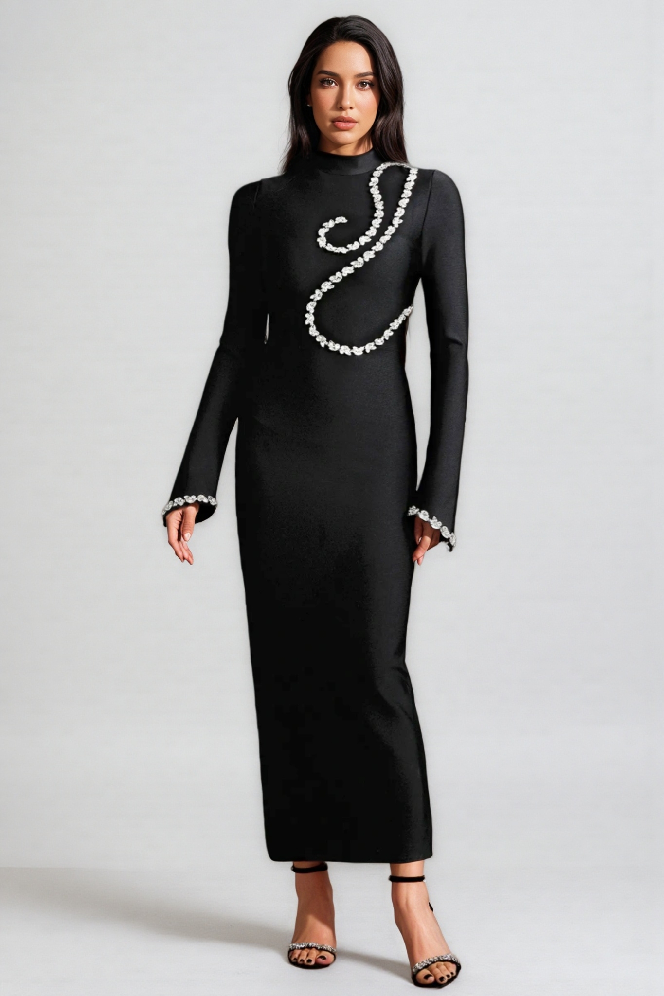 Jersey Diamond Setting Long Sleeve Bandage Maxi Dress