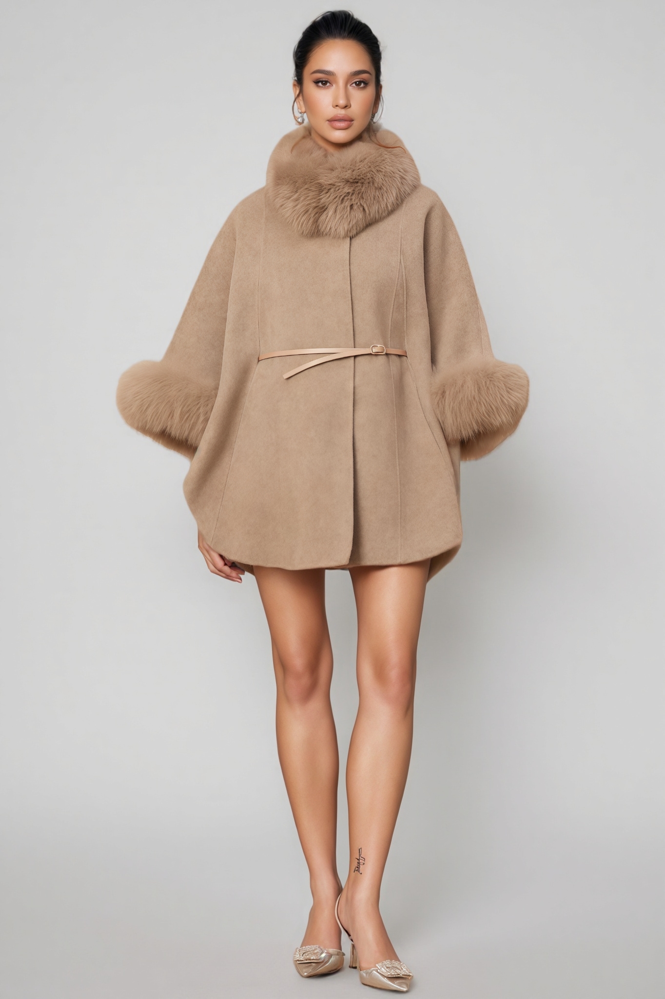 Rysel Khaki Fur Belted Cape Coat