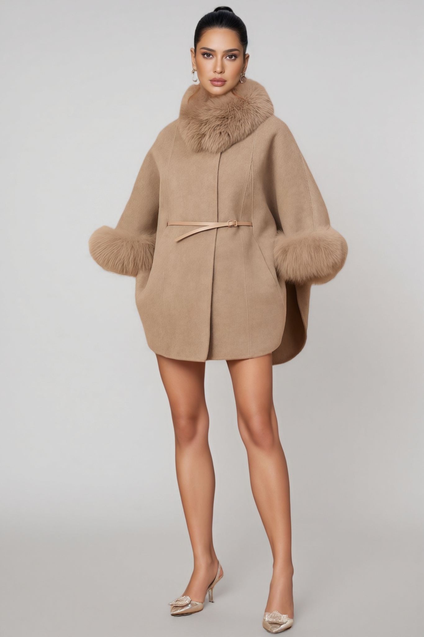Rysel Khaki Fur Belted Cape Coat
