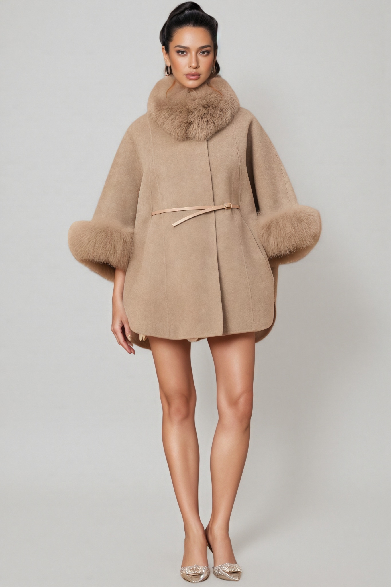 Rysel Khaki Fur Belted Cape Coat