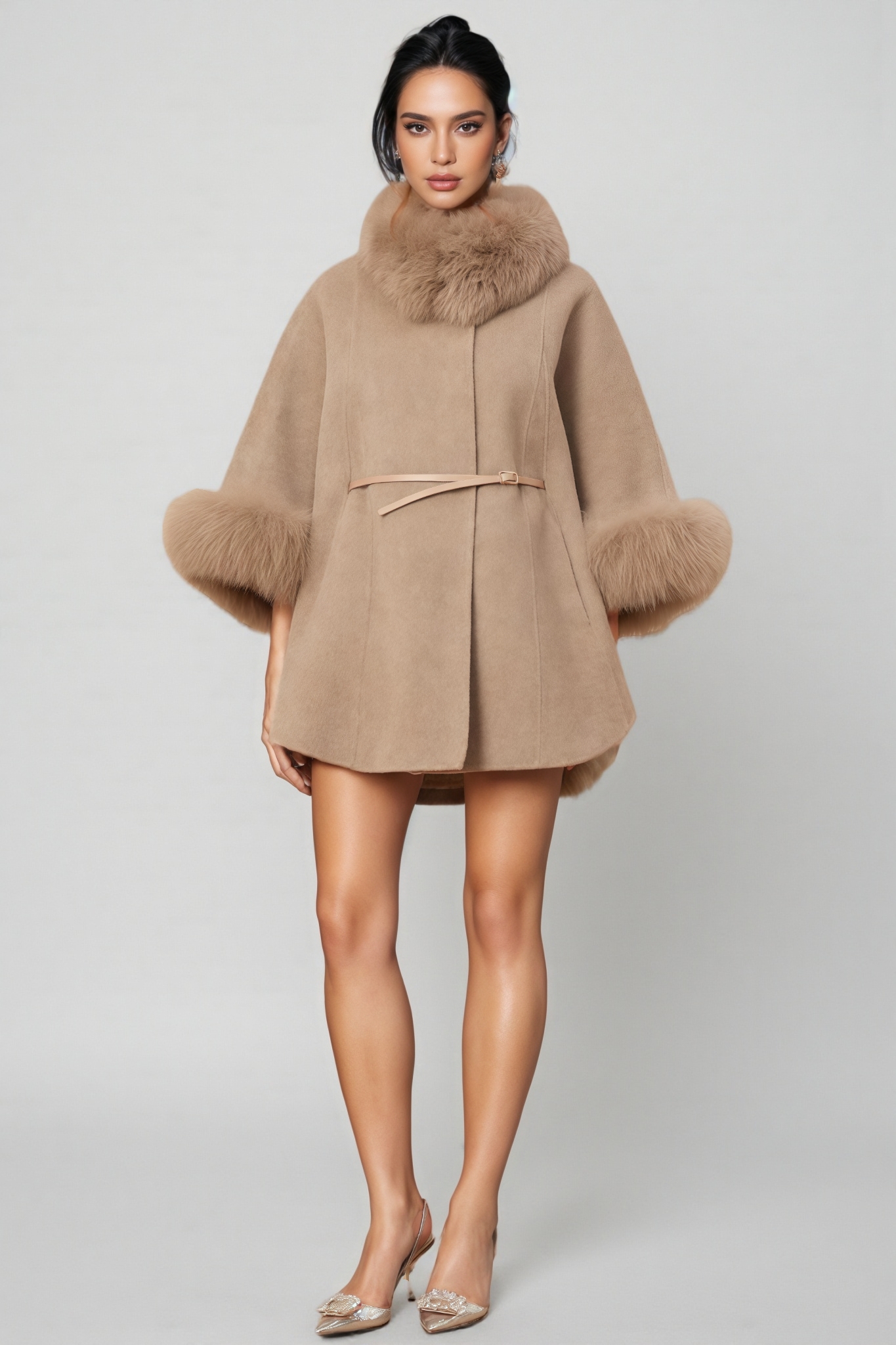 Rysel Khaki Fur Belted Cape Coat