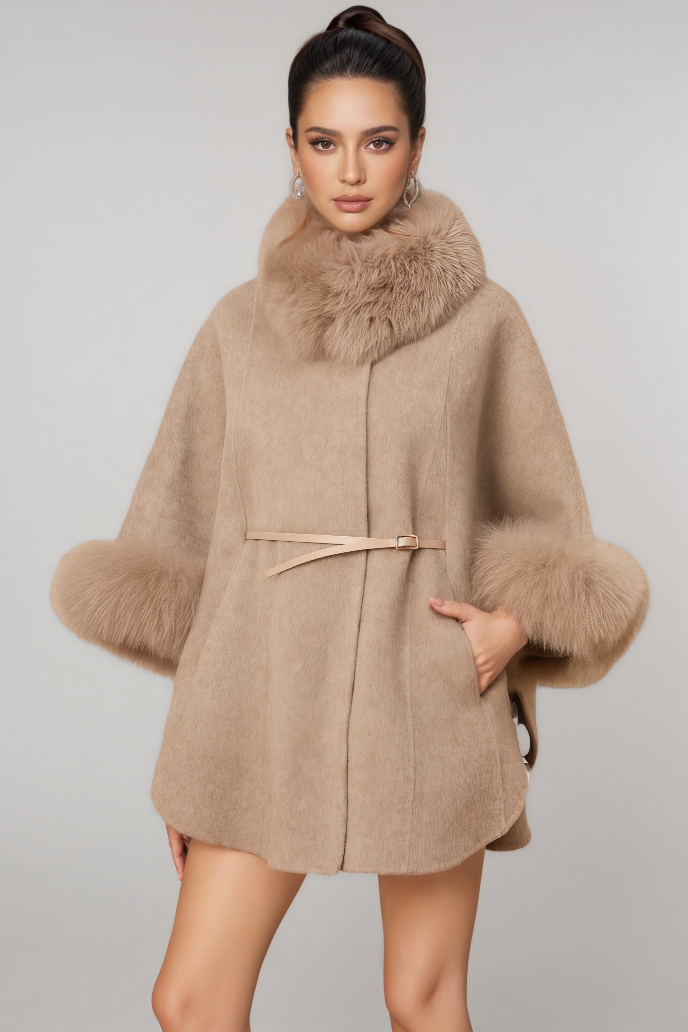 Rysel Khaki Fur Belted Cape Coat