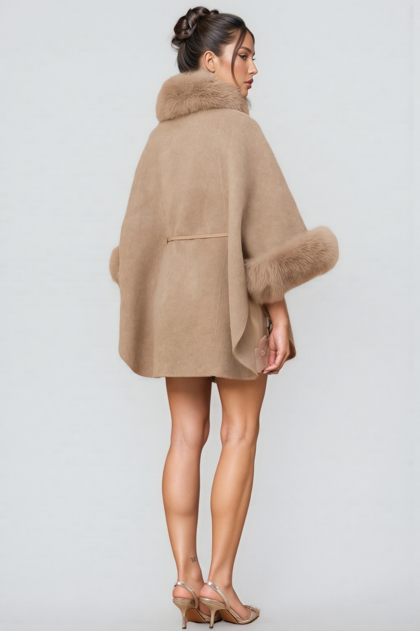 Rysel Khaki Fur Belted Cape Coat