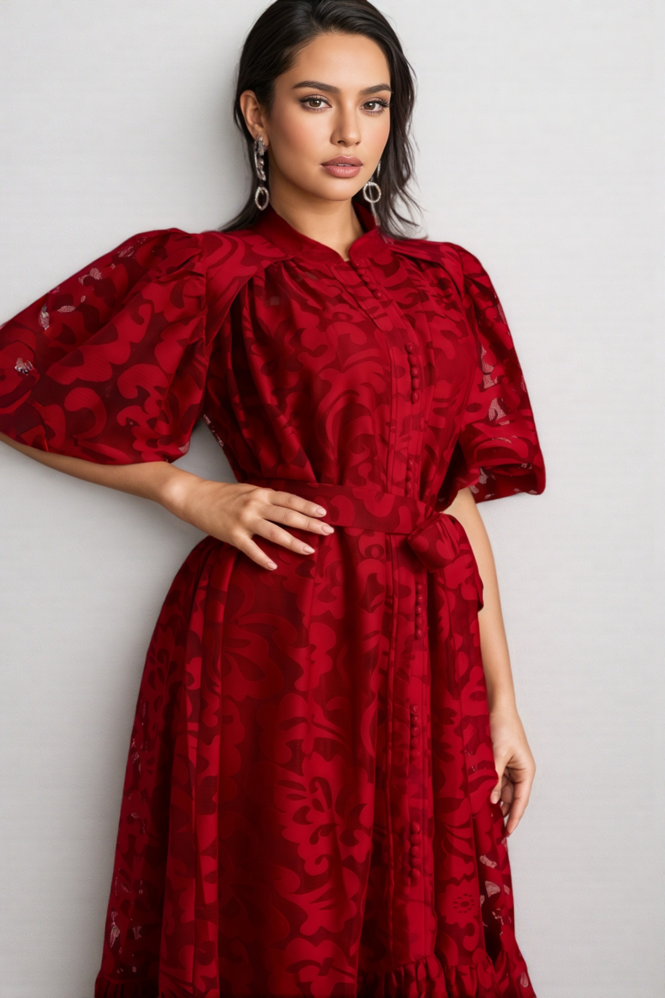 Kale Embroidered Lace Belted Midi Dress