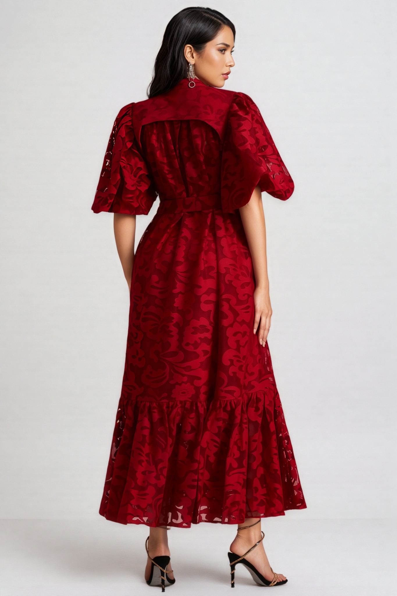 Kale Embroidered Lace Belted Midi Dress