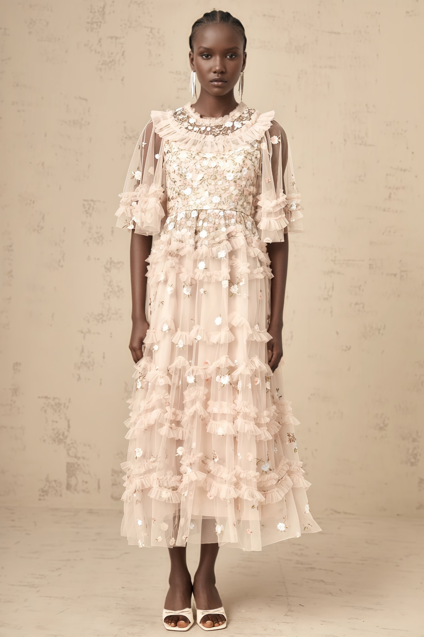 Mivan Floral Embroidered Tiered Ruffled Maxi Dress