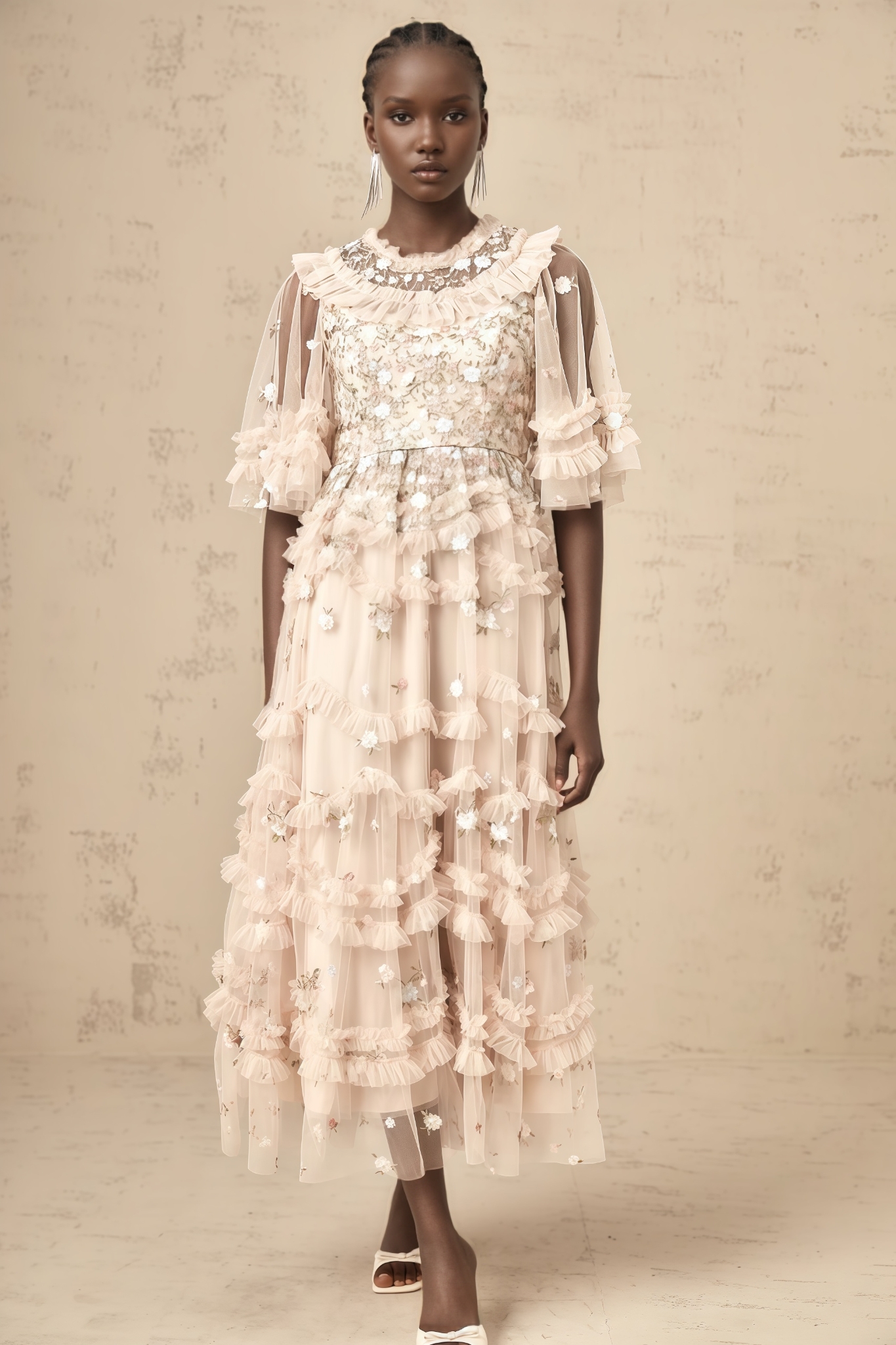 Mivan Floral Embroidered Tiered Ruffled Maxi Dress