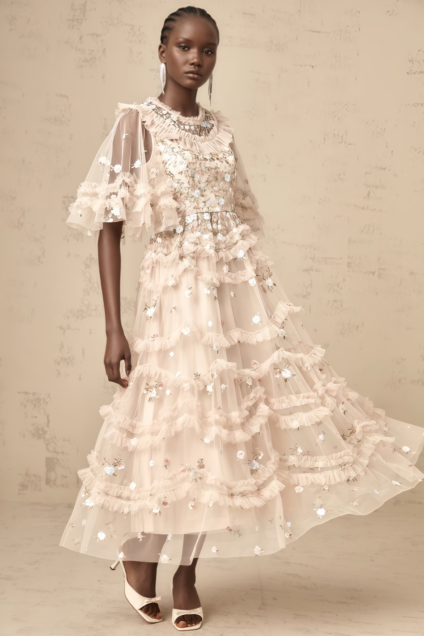 Mivan Floral Embroidered Tiered Ruffled Maxi Dress