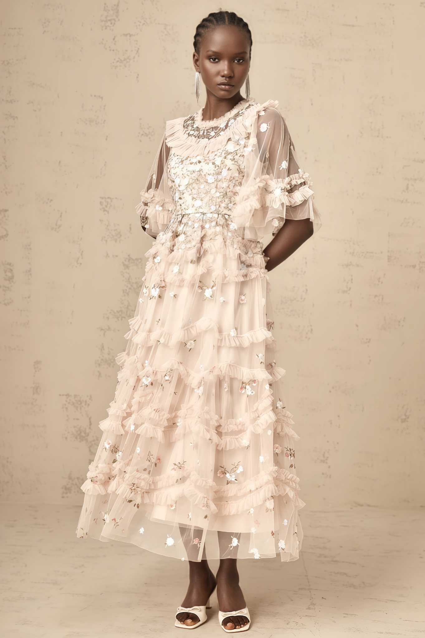 Mivan Floral Embroidered Tiered Ruffled Maxi Dress