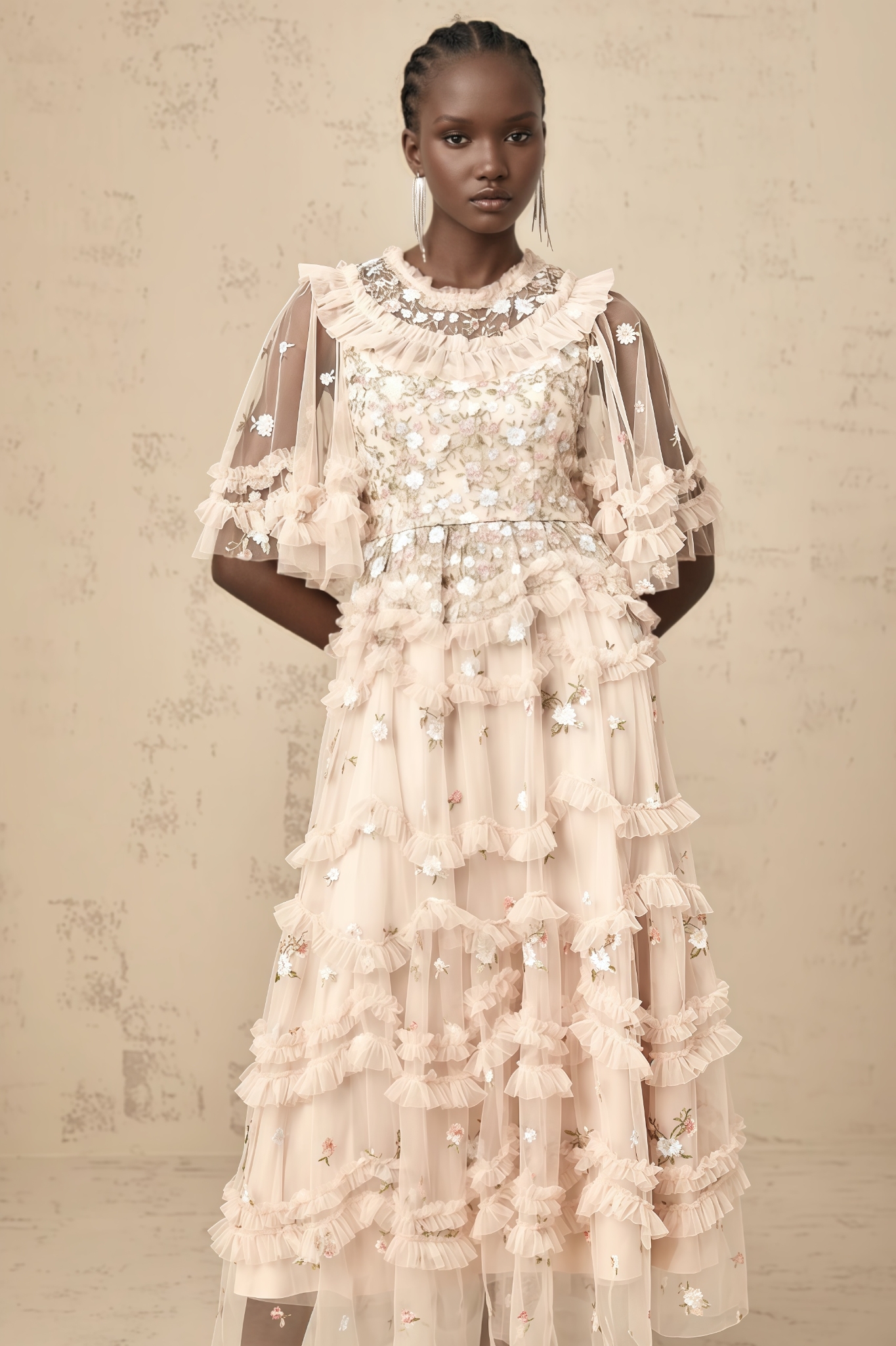 Mivan Floral Embroidered Tiered Ruffled Maxi Dress