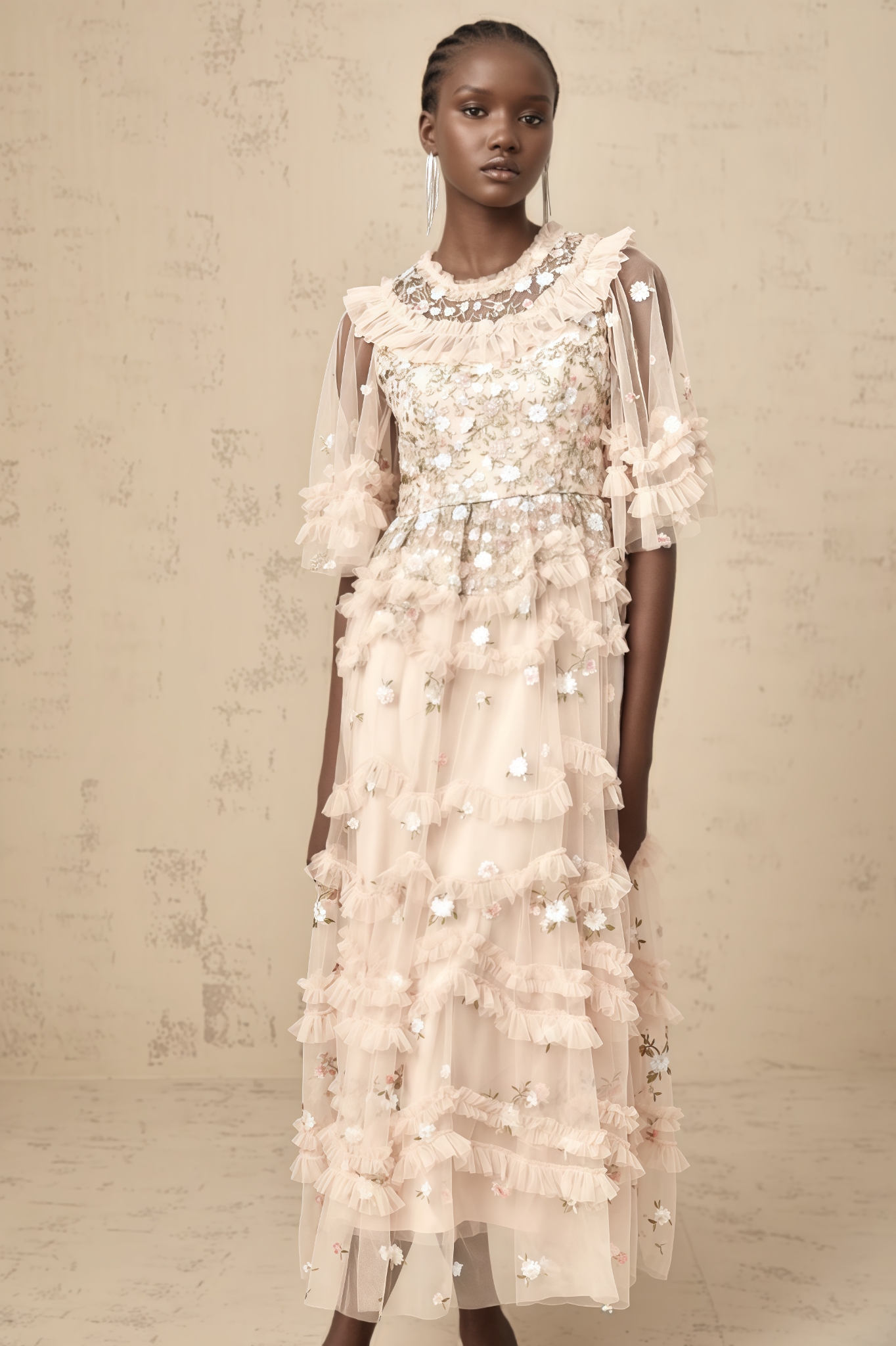 Mivan Floral Embroidered Tiered Ruffled Maxi Dress