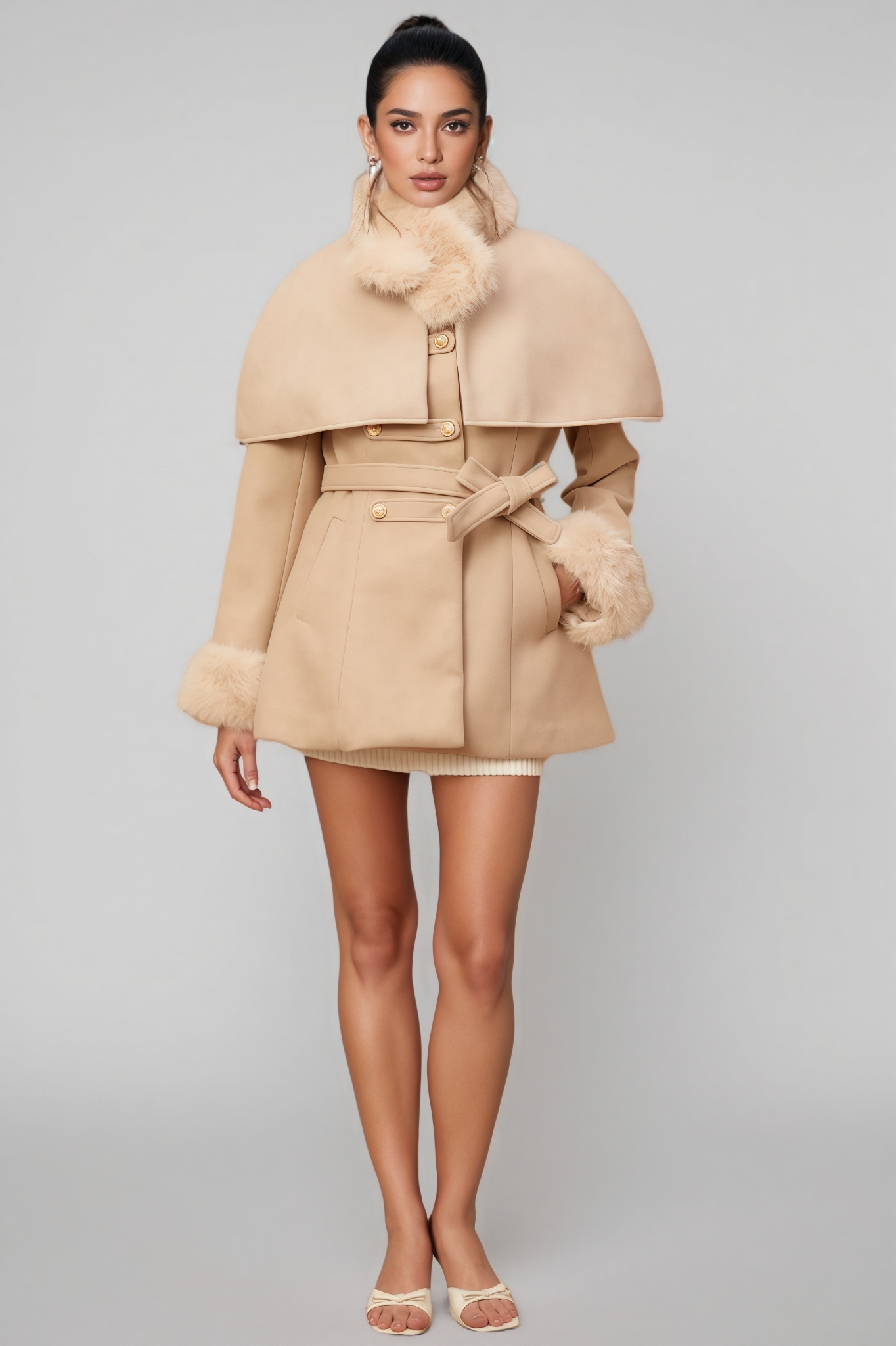 Queloz Beige Cape Coat