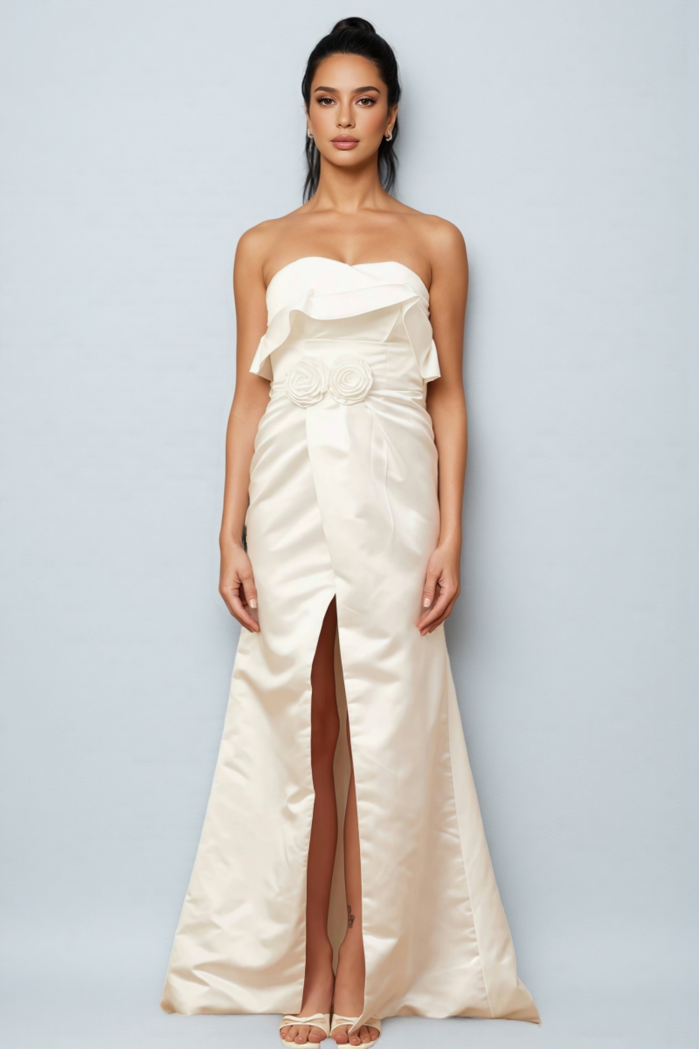 Jiusi White Floral Appliqued Satin Maxi Dress