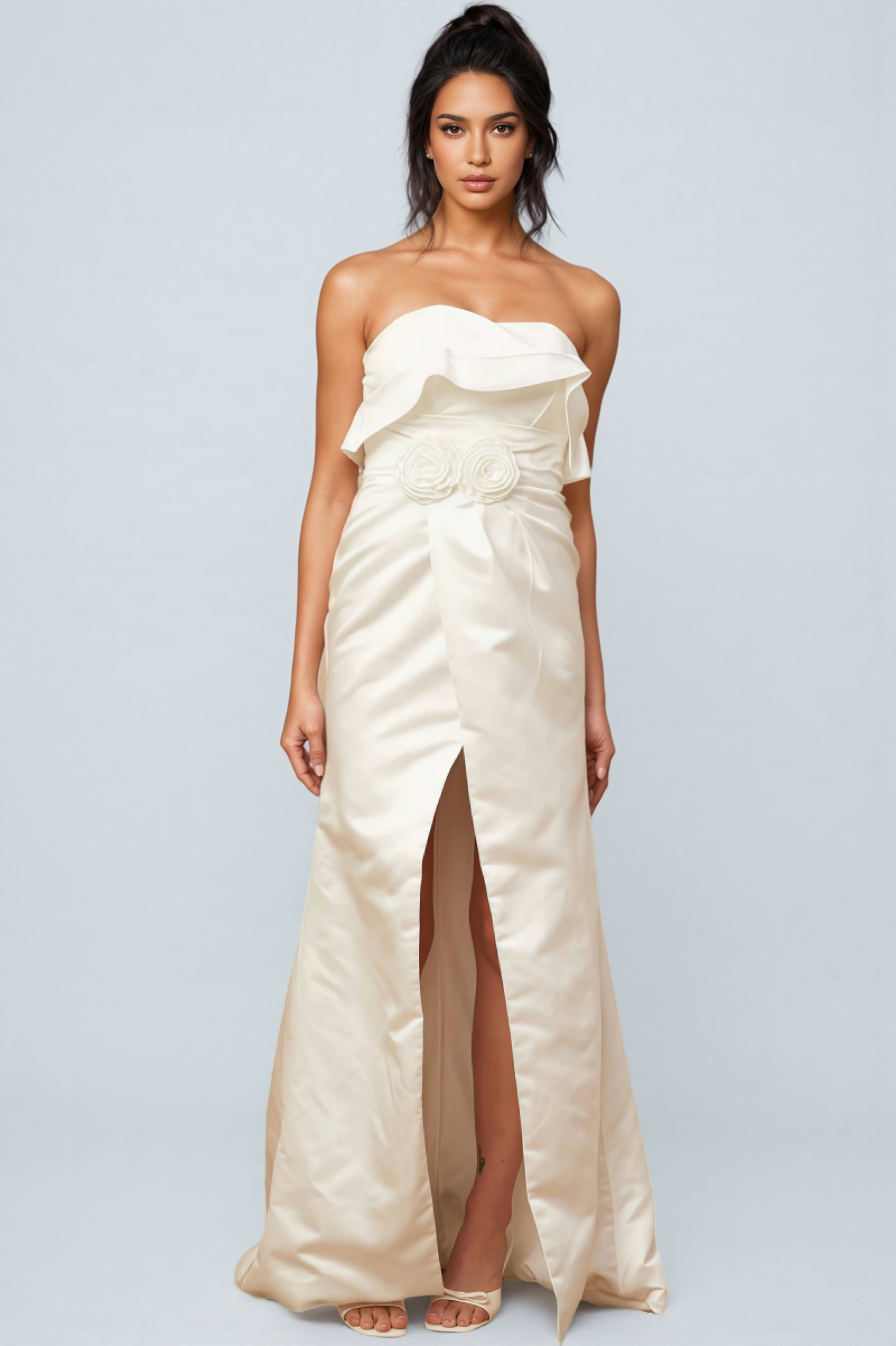 Jiusi White Floral Appliqued Satin Maxi Dress