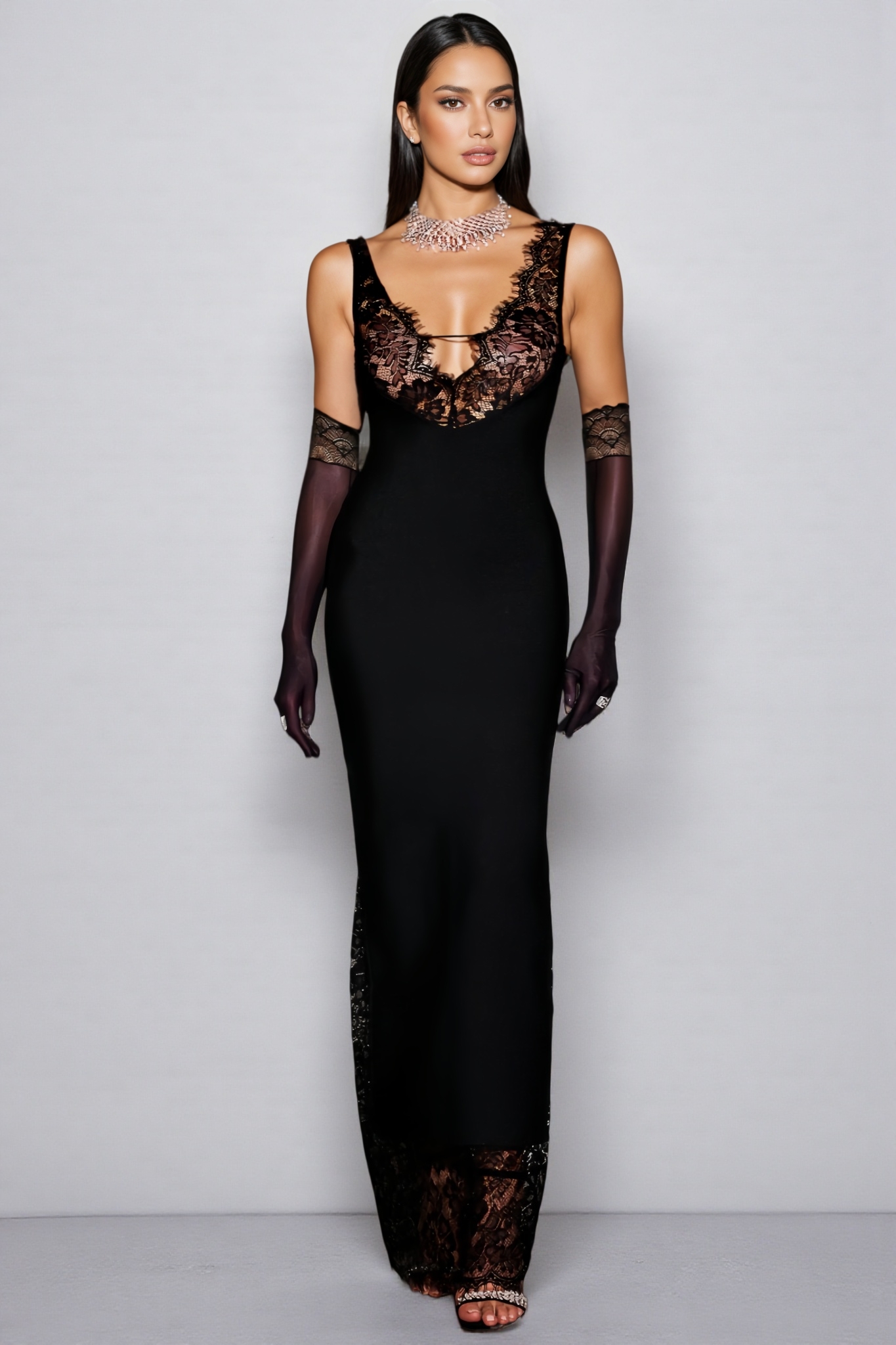 Xavier Black Lace Deep V Maxi Dress