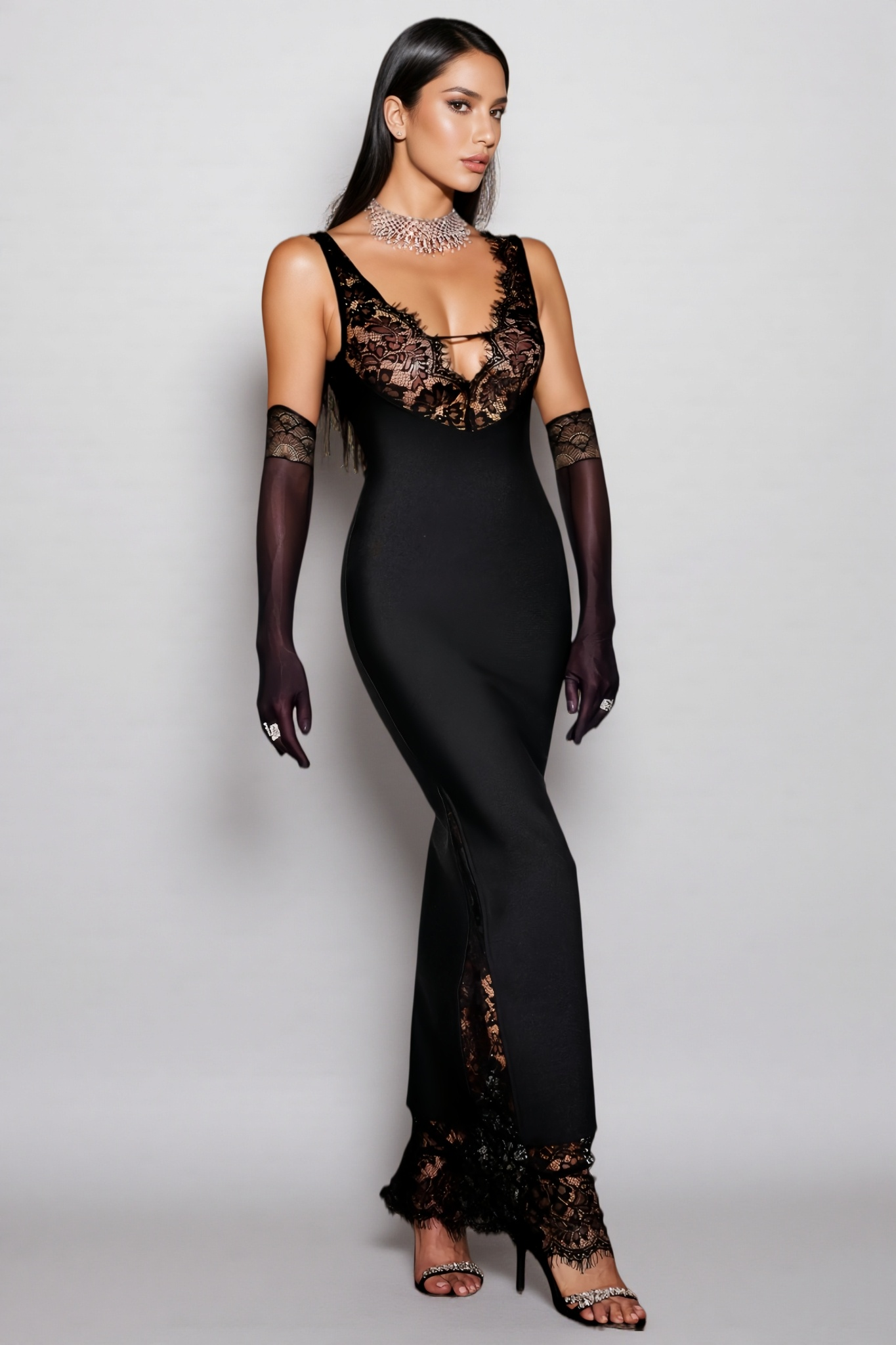 Xavier Black Lace Deep V Maxi Dress