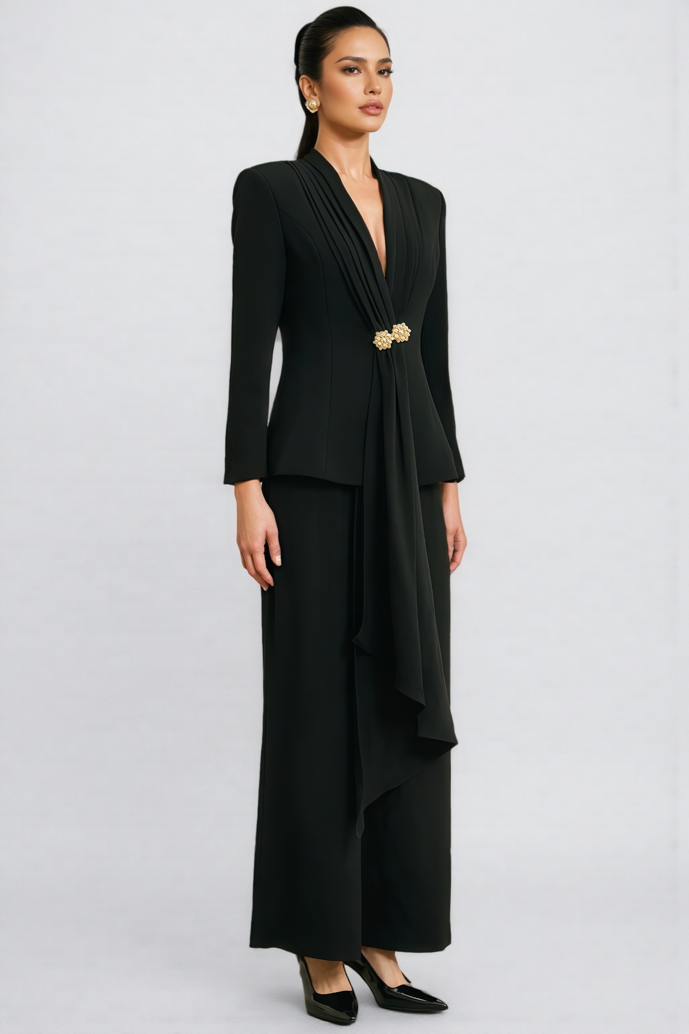 Yoria Black Pleated Jacket & Trousers Matching Set