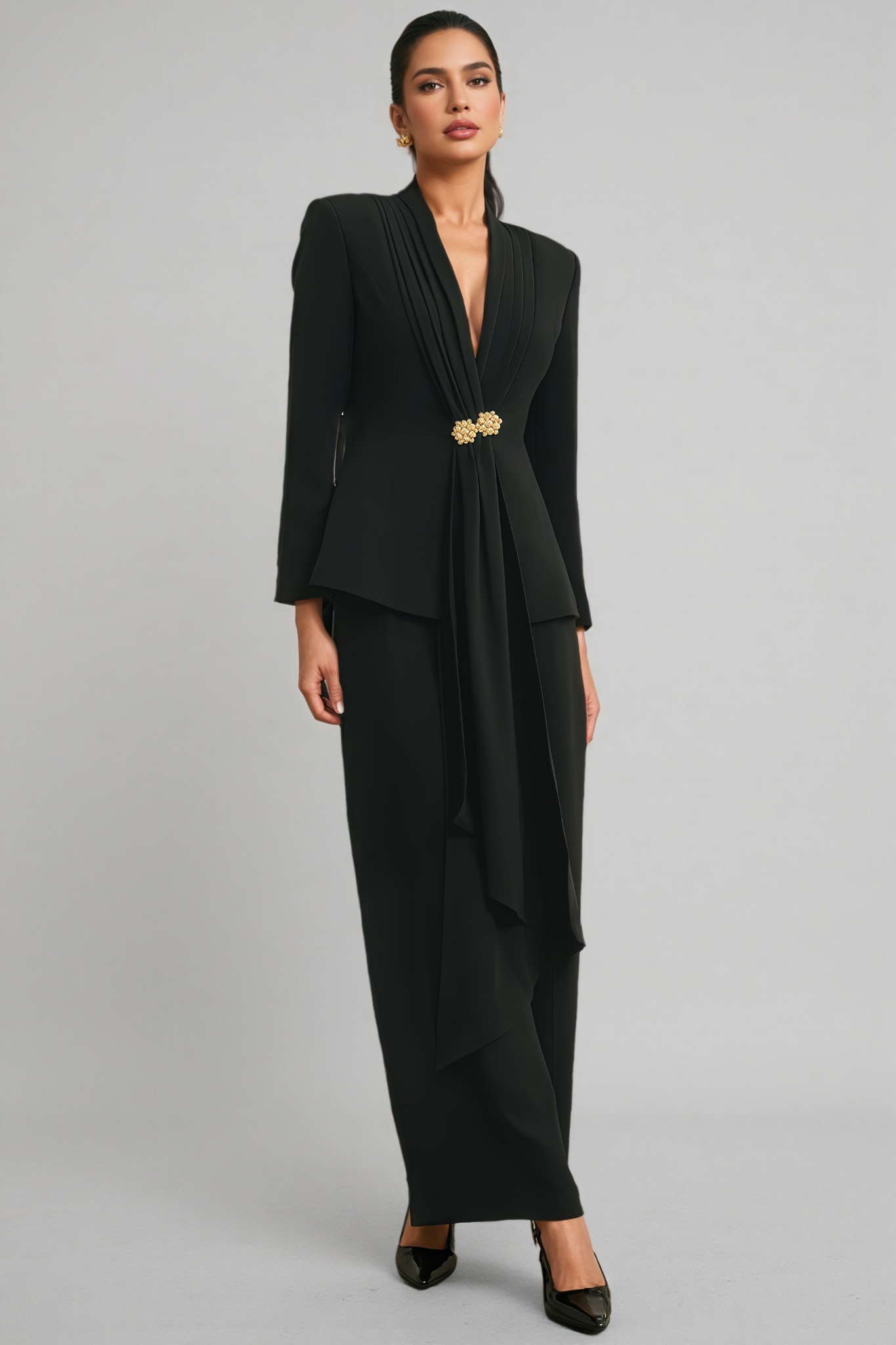 Yoria Black Pleated Jacket & Trousers Matching Set