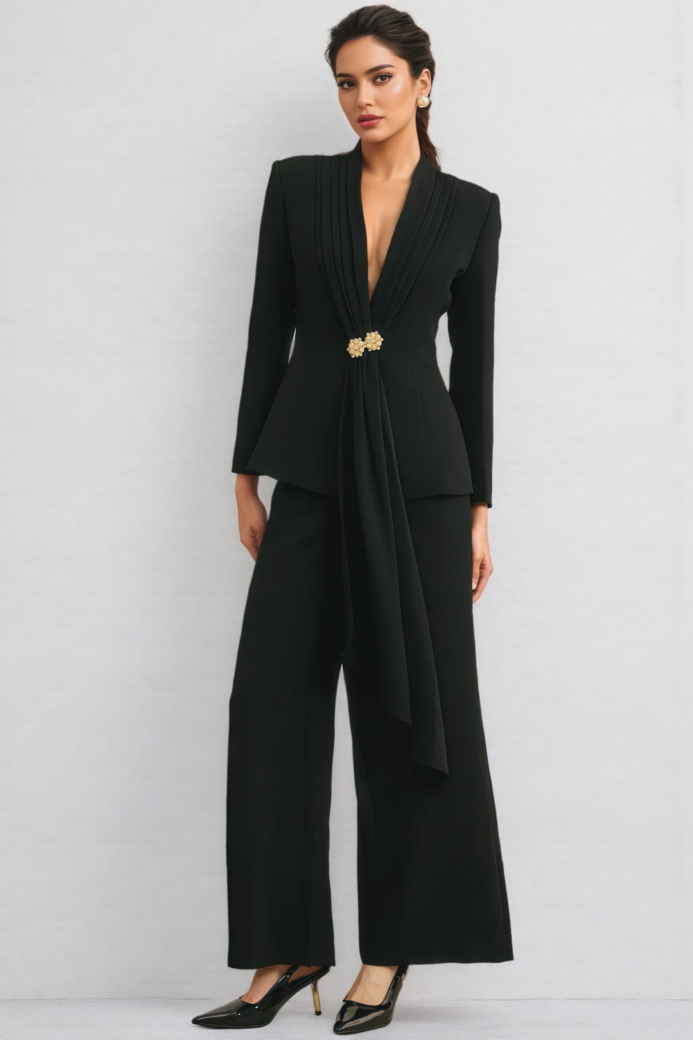 Yoria Black Pleated Jacket & Trousers Matching Set