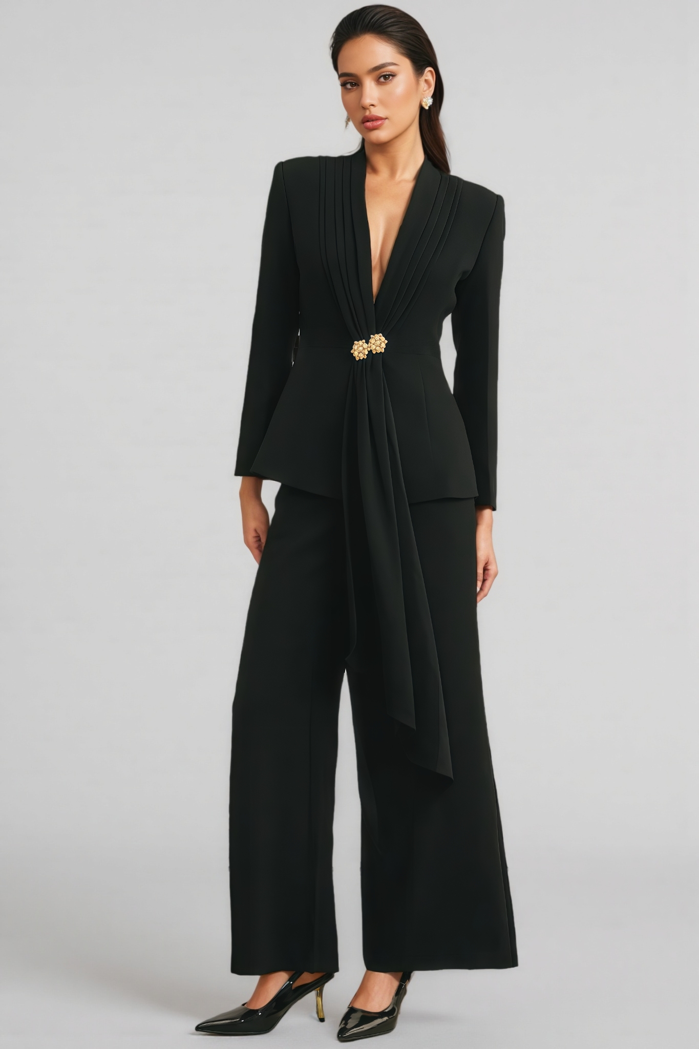 Ellen Black Pleated Jacket & Trousers Matching Set