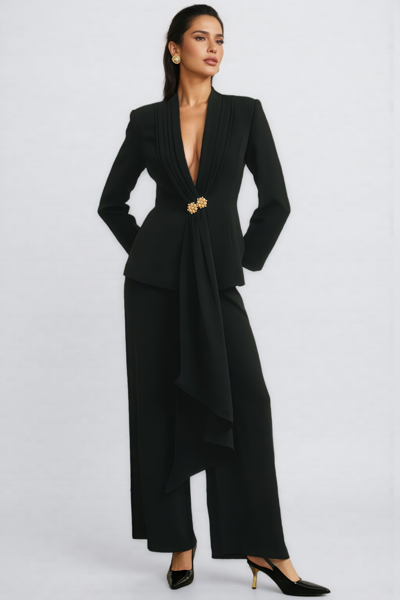 Yoria Black Pleated Jacket & Trousers Matching Set