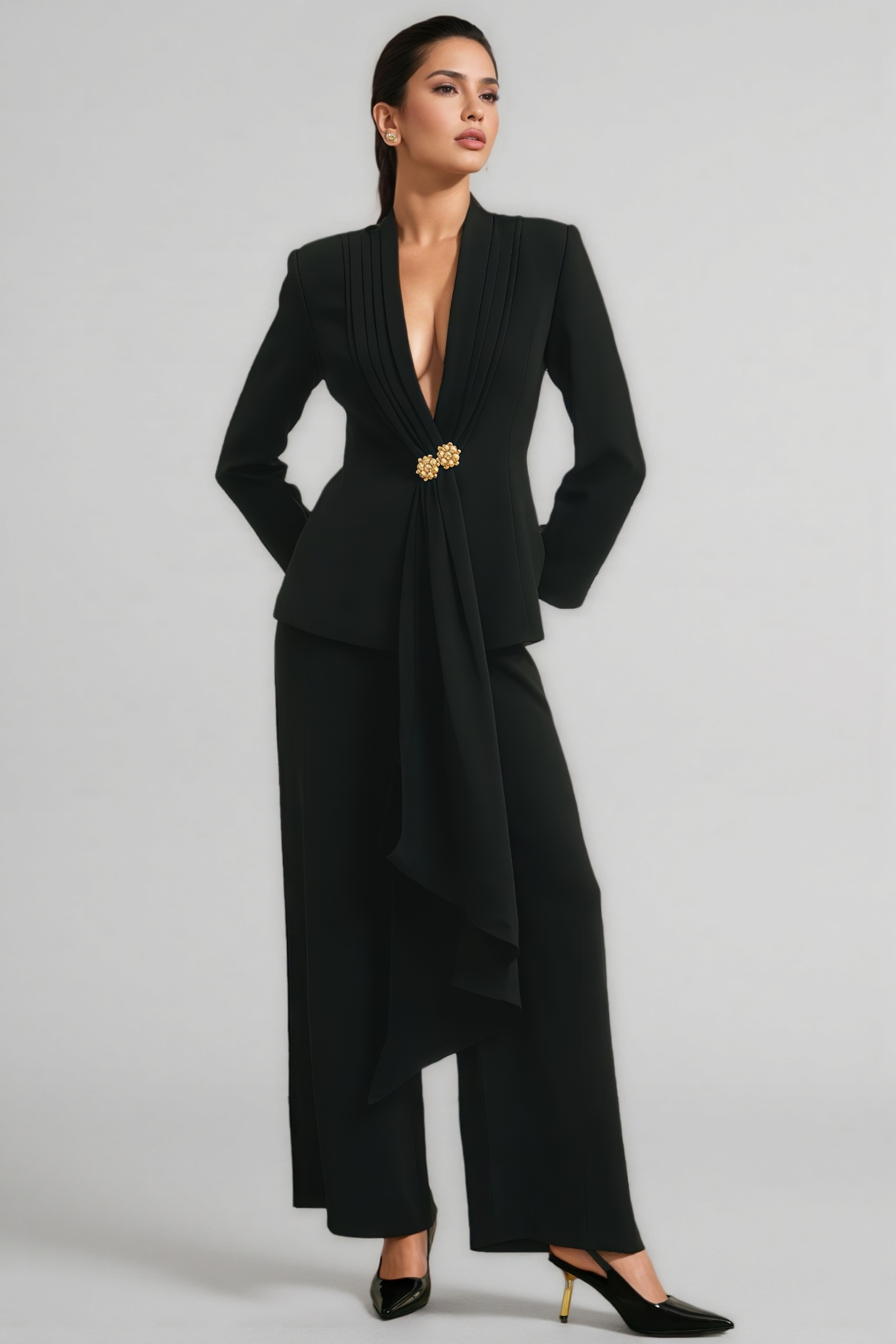 Ellen Black Pleated Jacket & Trousers Matching Set