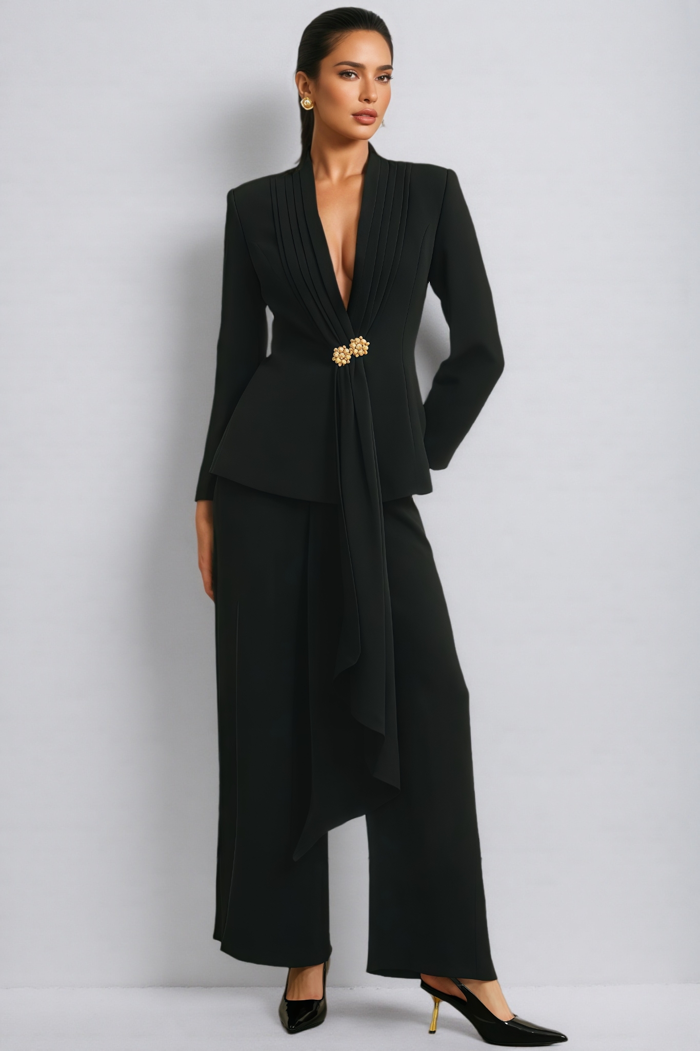 Yoria Black Pleated Jacket & Trousers Matching Set