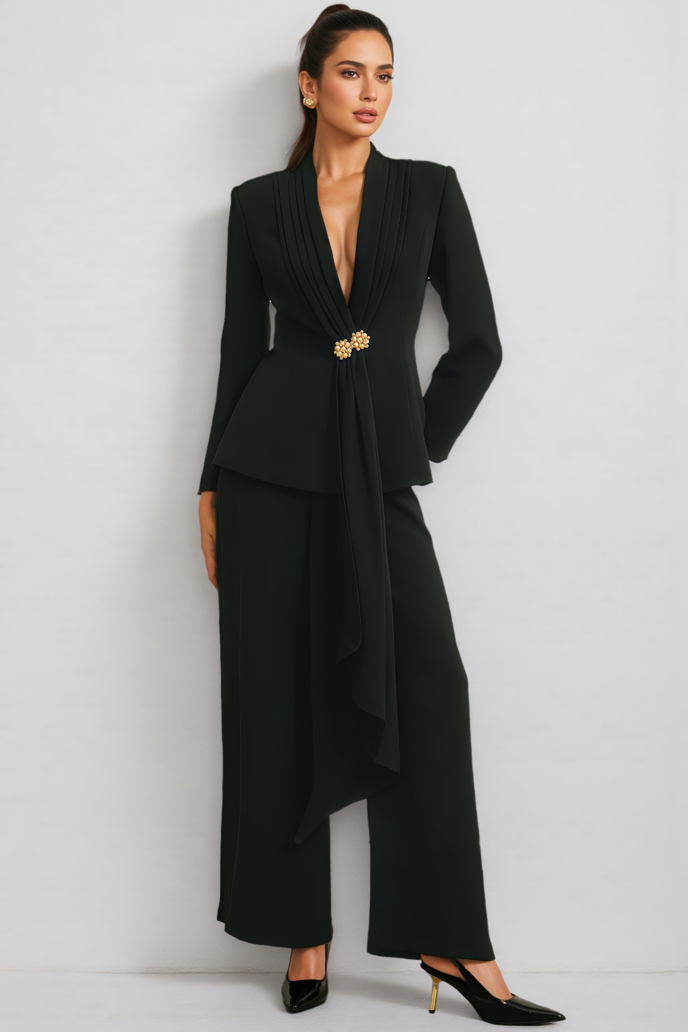 Ellen Black Pleated Jacket & Trousers Matching Set