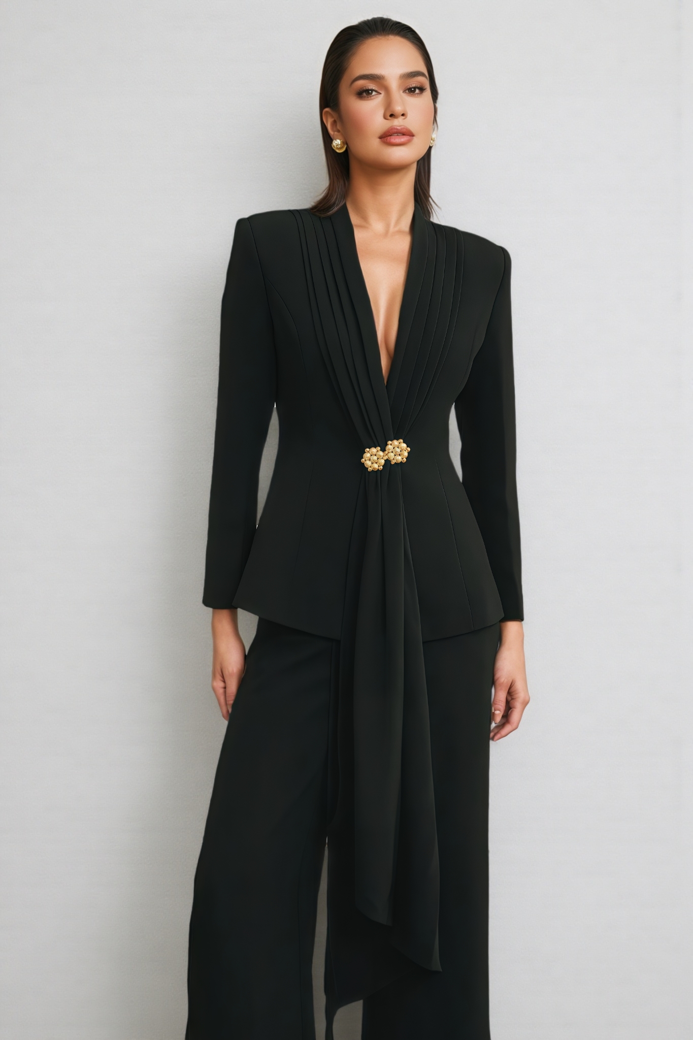 Yoria Black Pleated Jacket & Trousers Matching Set