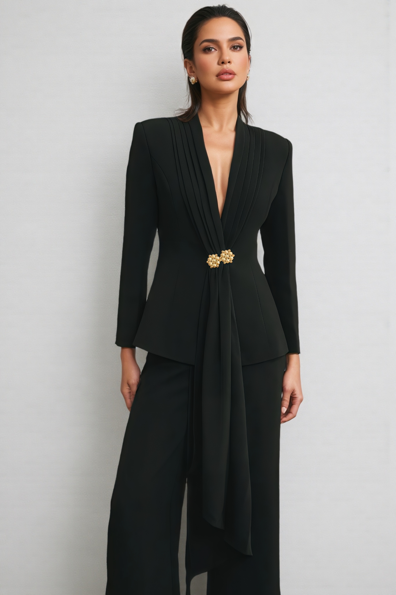 Ellen Black Pleated Jacket & Trousers Matching Set