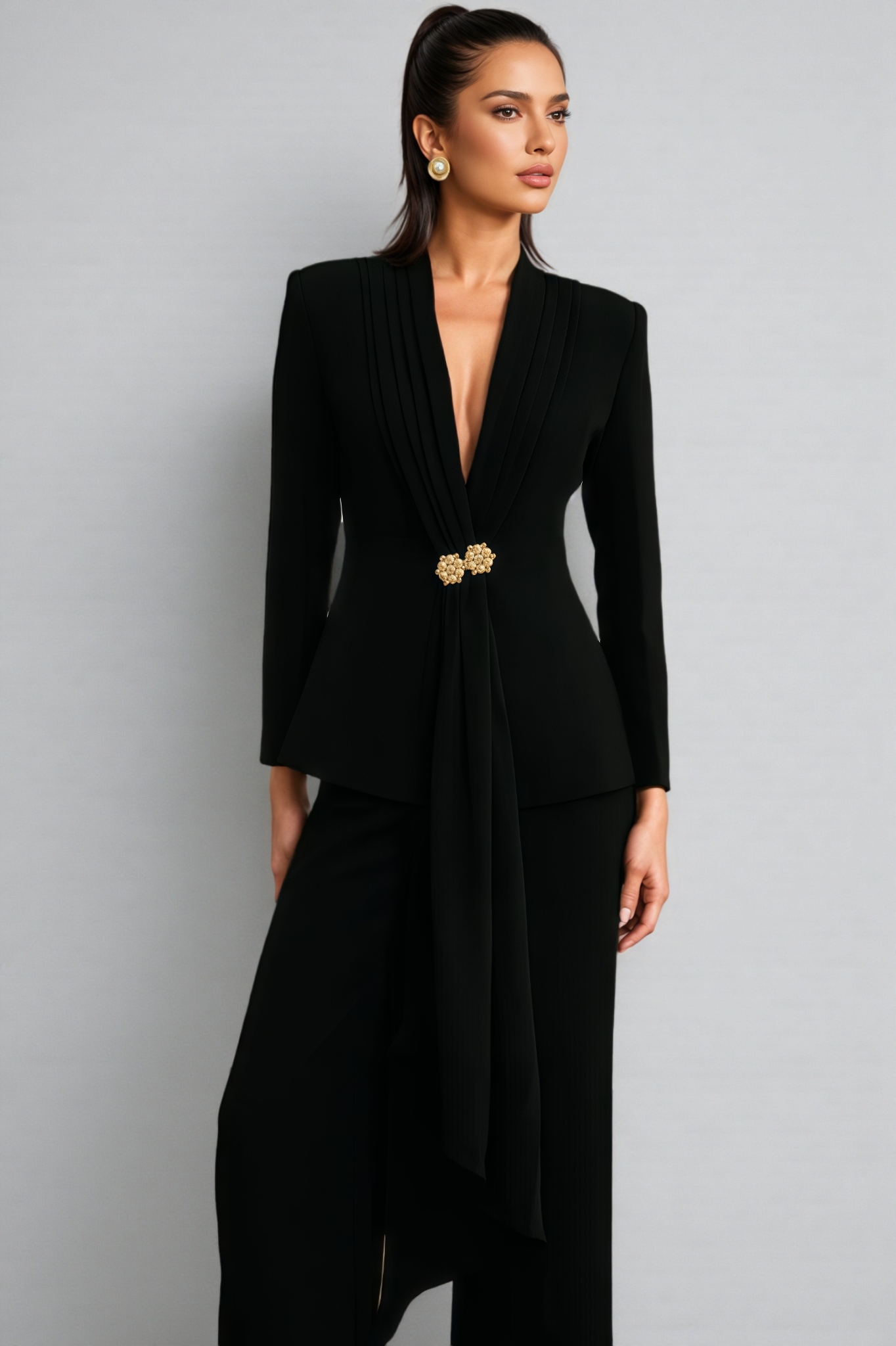 Yoria Black Pleated Jacket & Trousers Matching Set
