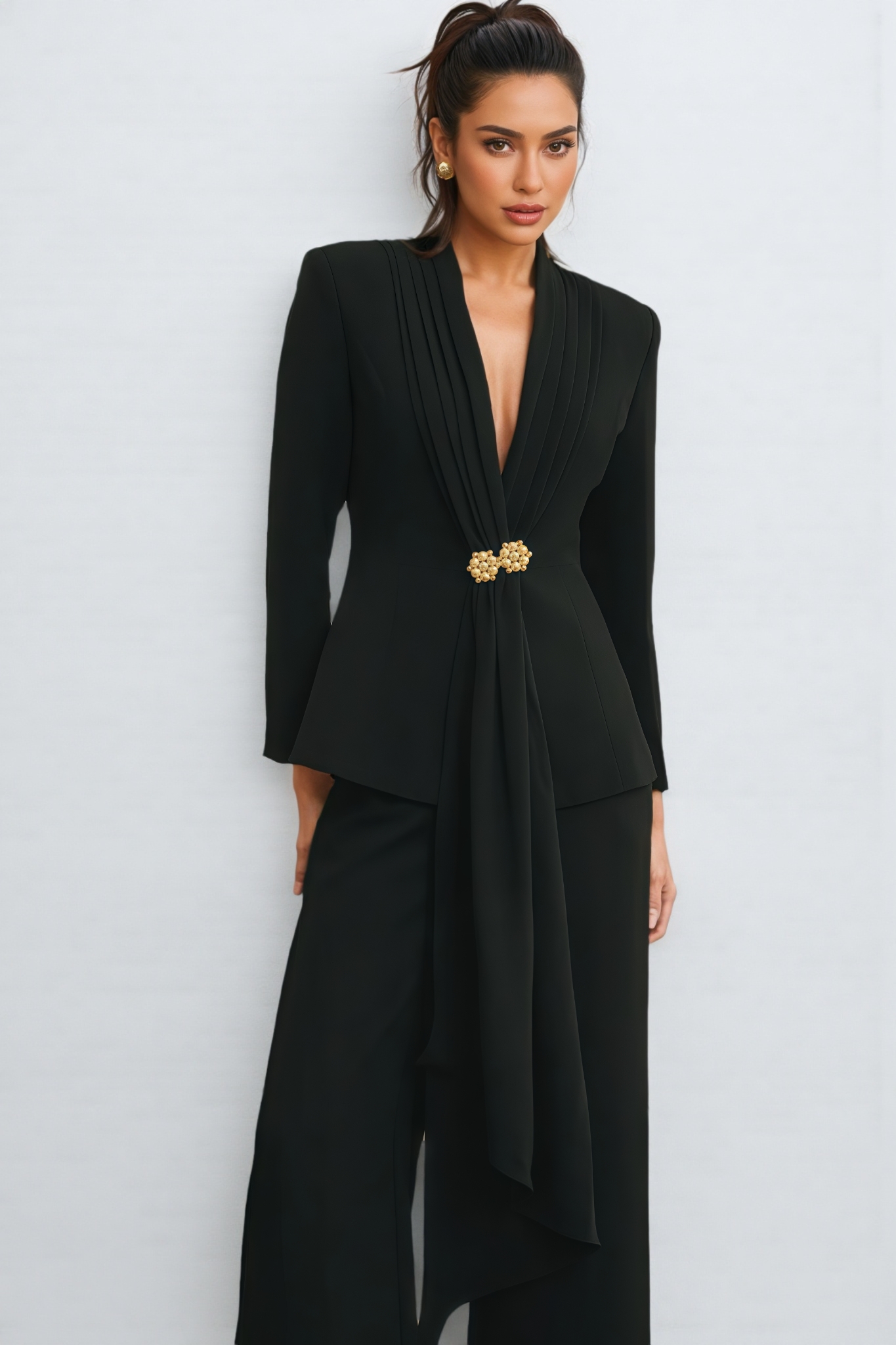 Yoria Black Pleated Jacket & Trousers Matching Set