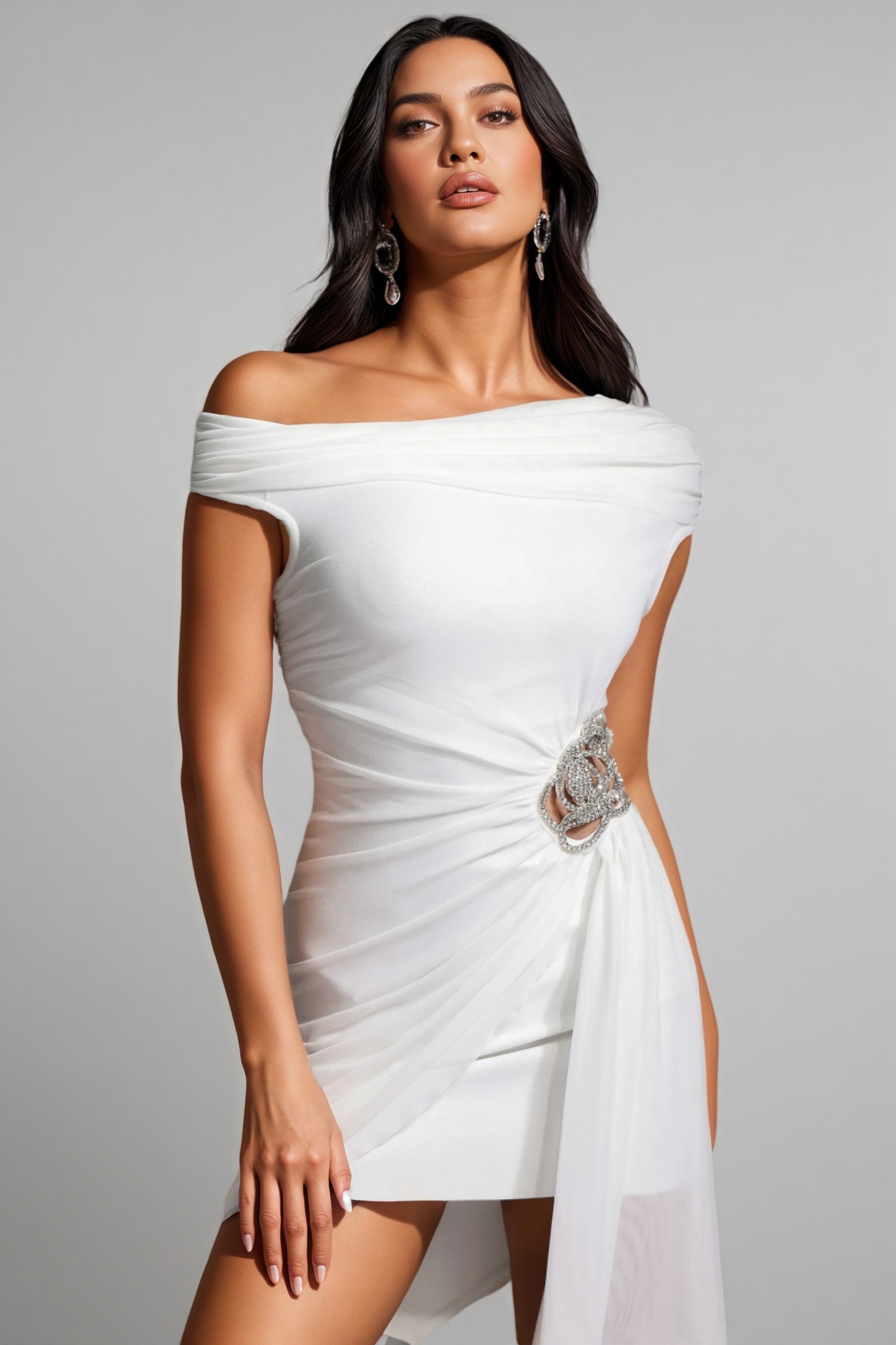 Vesprts One Shoulder Sleeveless Flowers Diamond Mini Dress