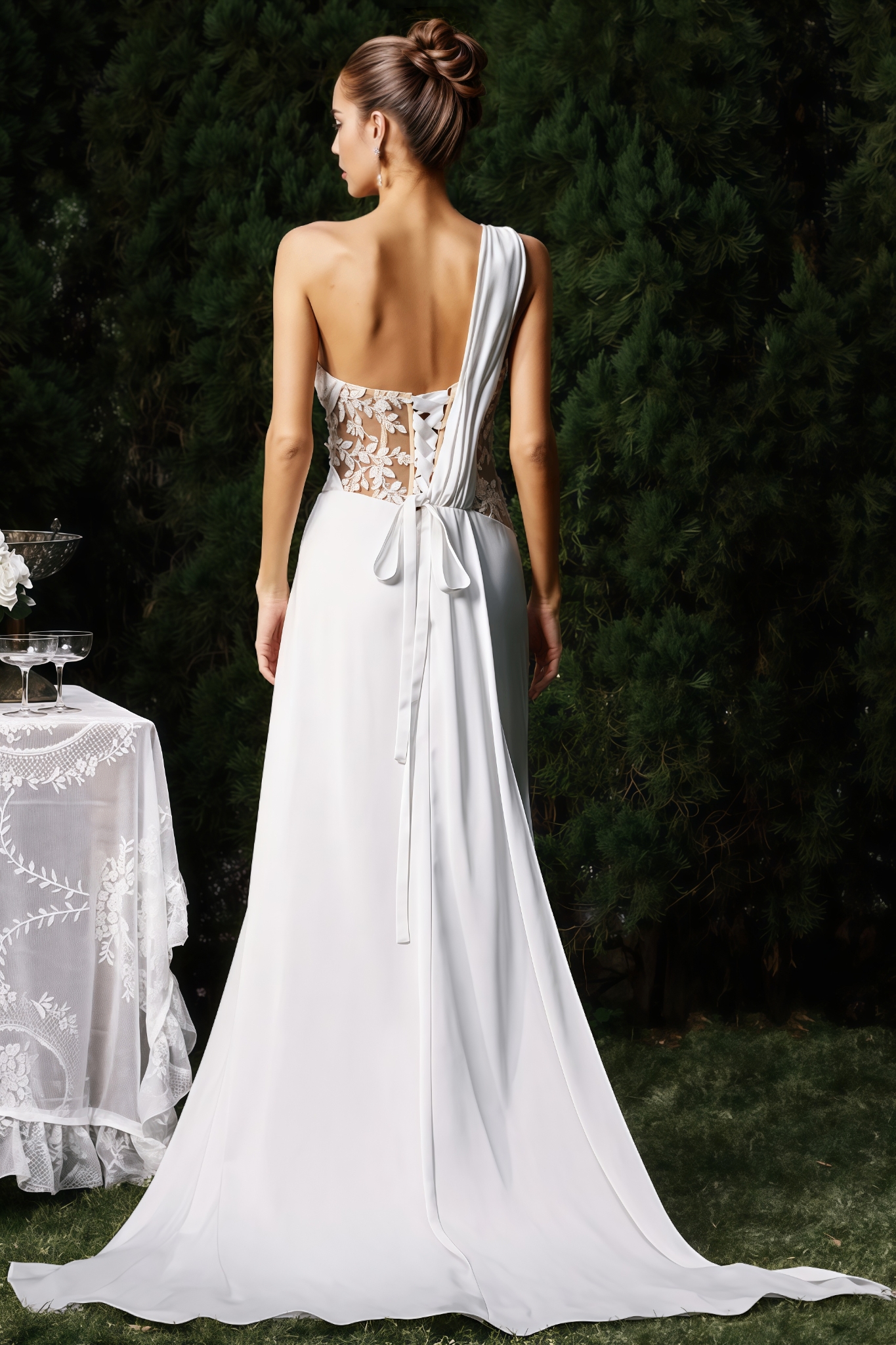 Fifer One Shoulder Lace Slit Maxi Dress