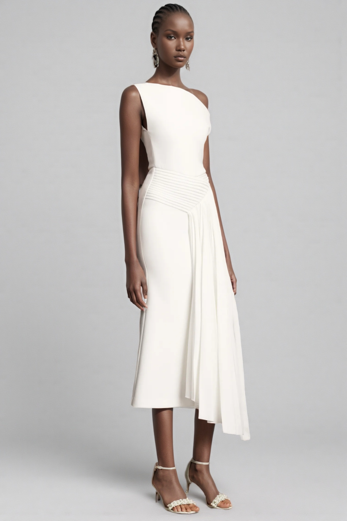 Lyriclt White Ruched One Shoulder Midi Dress