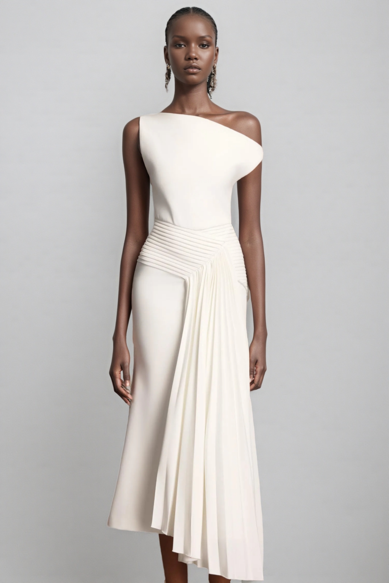 Lyriclt White Ruched One Shoulder Midi Dress