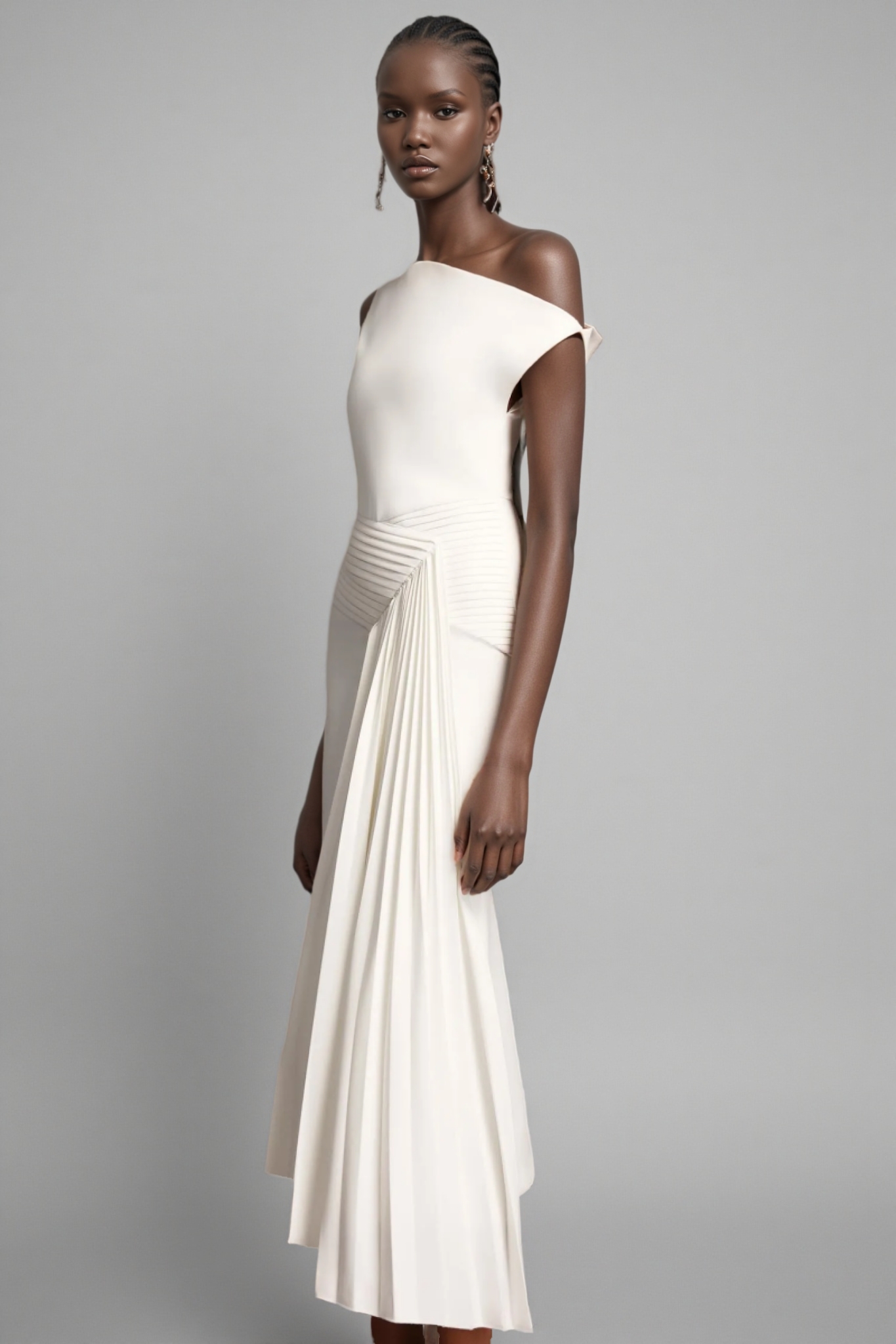 Lyriclt White Ruched One Shoulder Midi Dress