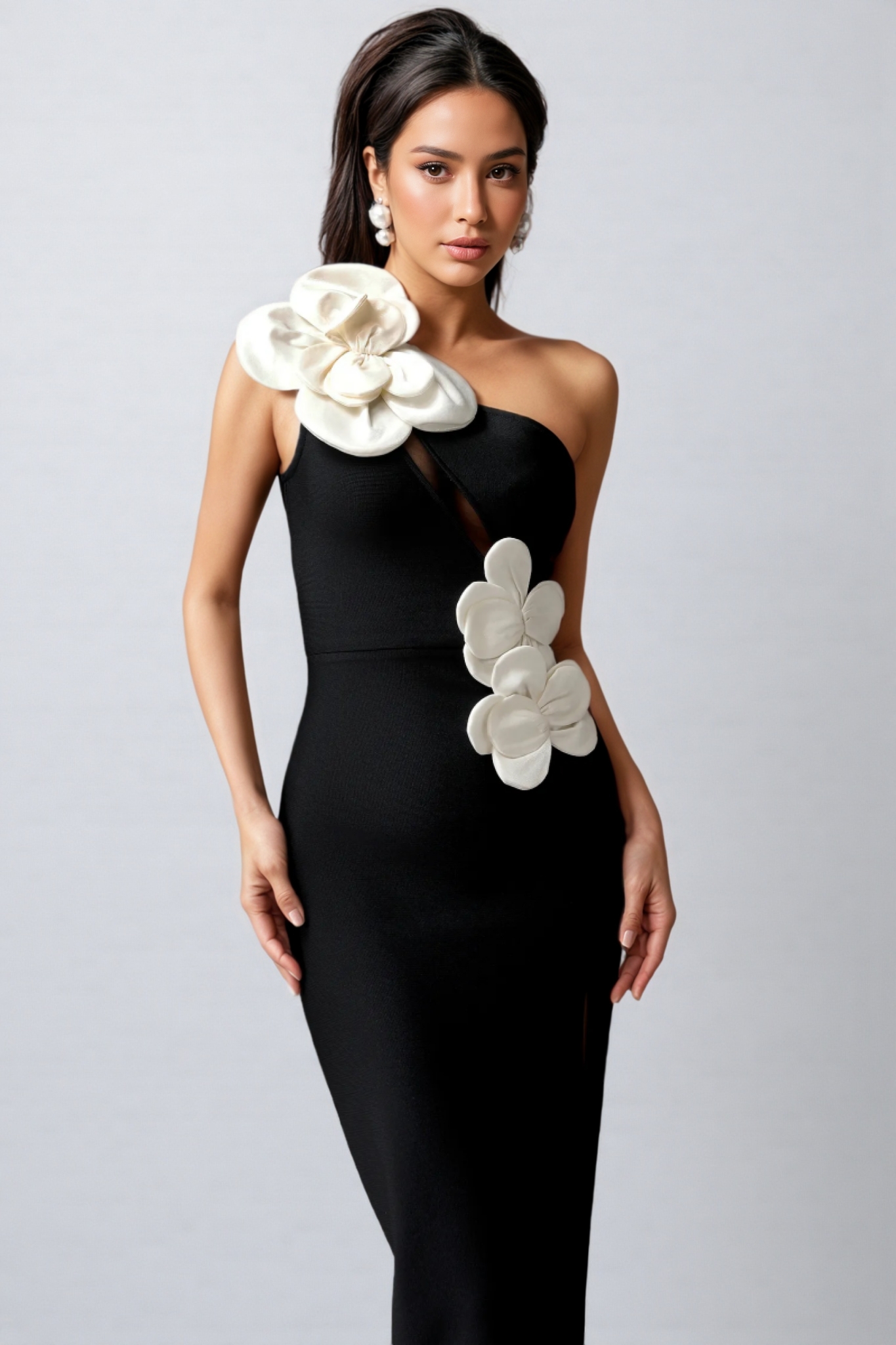 Caldlt Flowers High Slit One Shoulder Bandage Maxi Dress