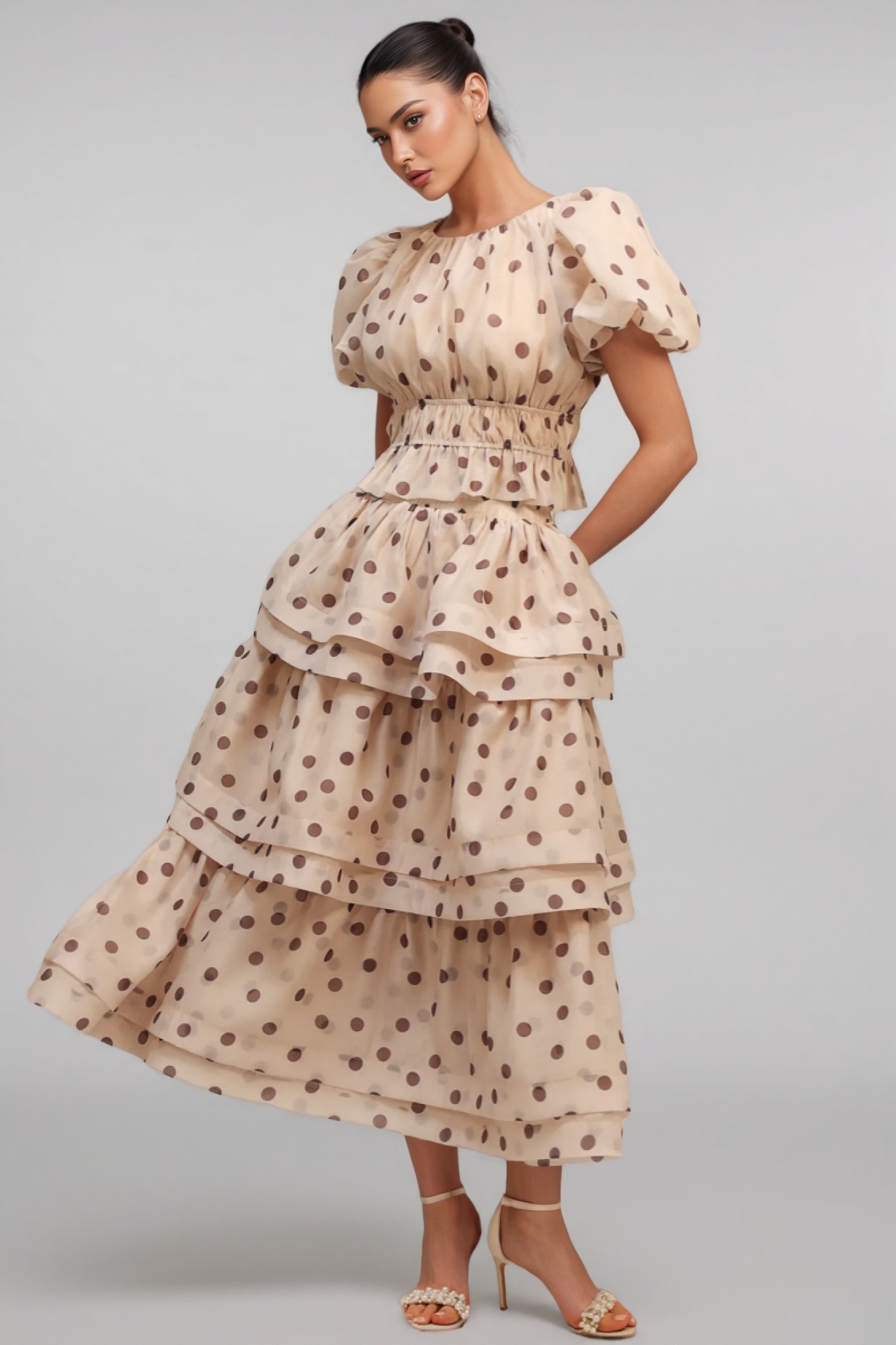 Margaux Puff Sleeves Dot Printed Maxi Dress Set