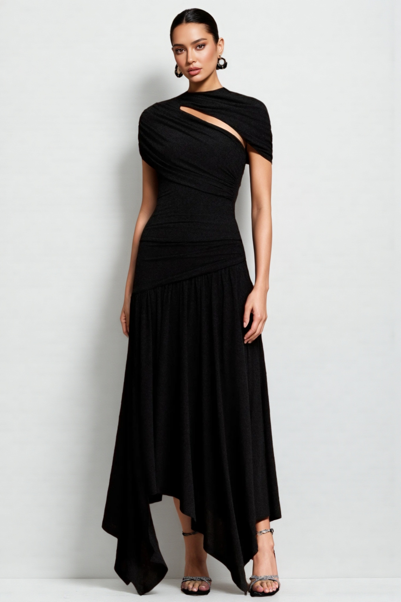 Zarinny Black Asymmetric Folds Maxi Dress Set