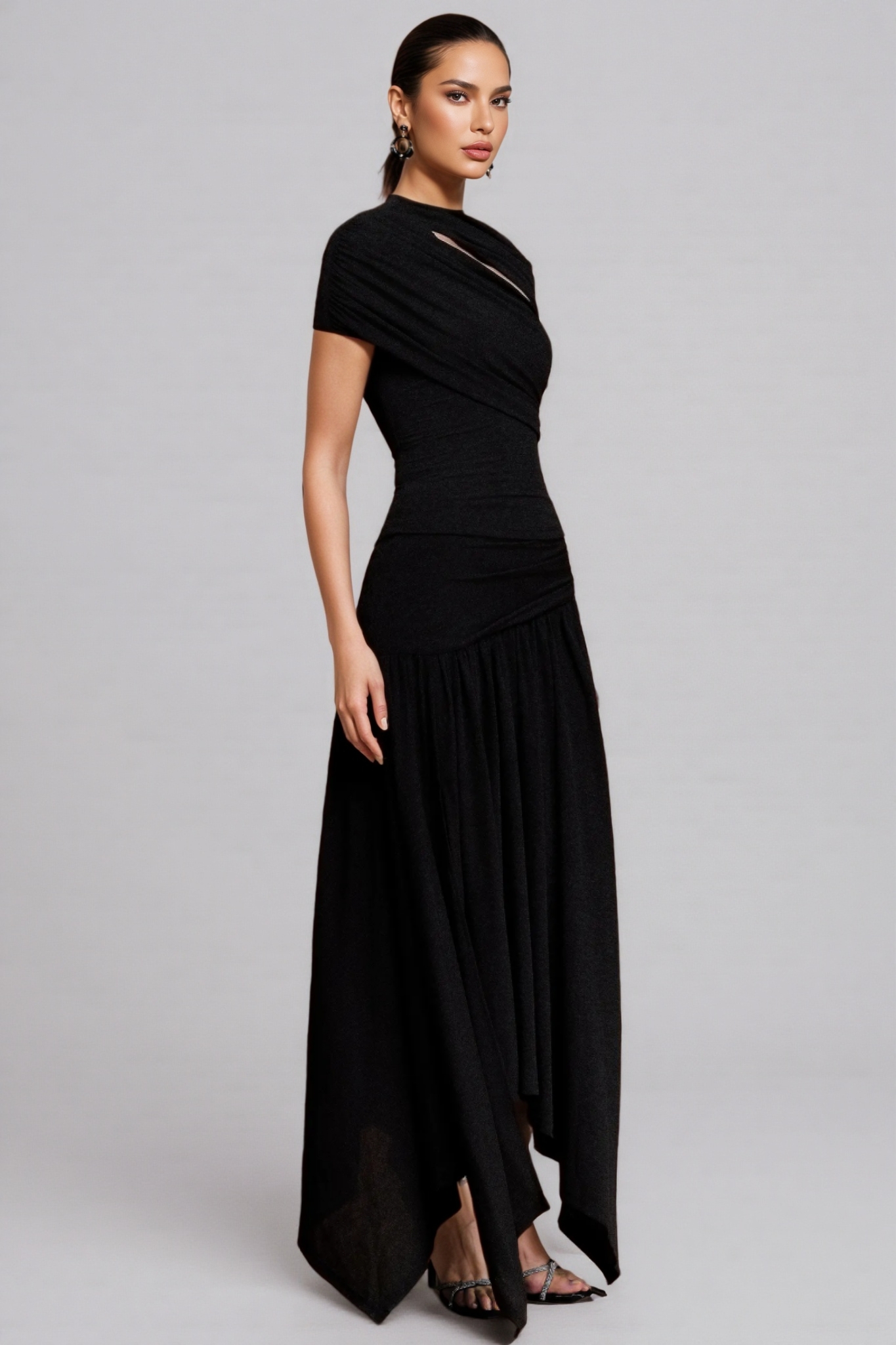 Zarinny Black Asymmetric Folds Maxi Dress Set