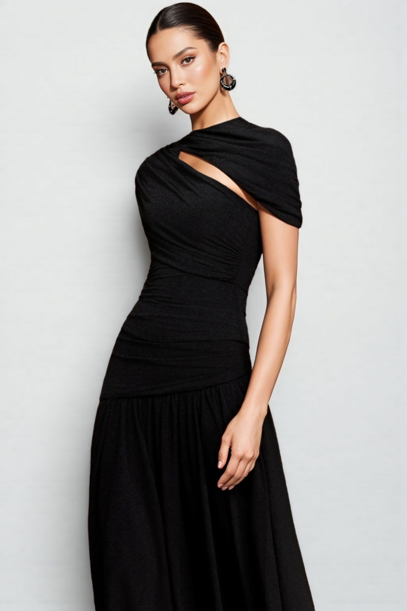 Zarinny Black Asymmetric Folds Maxi Dress Set