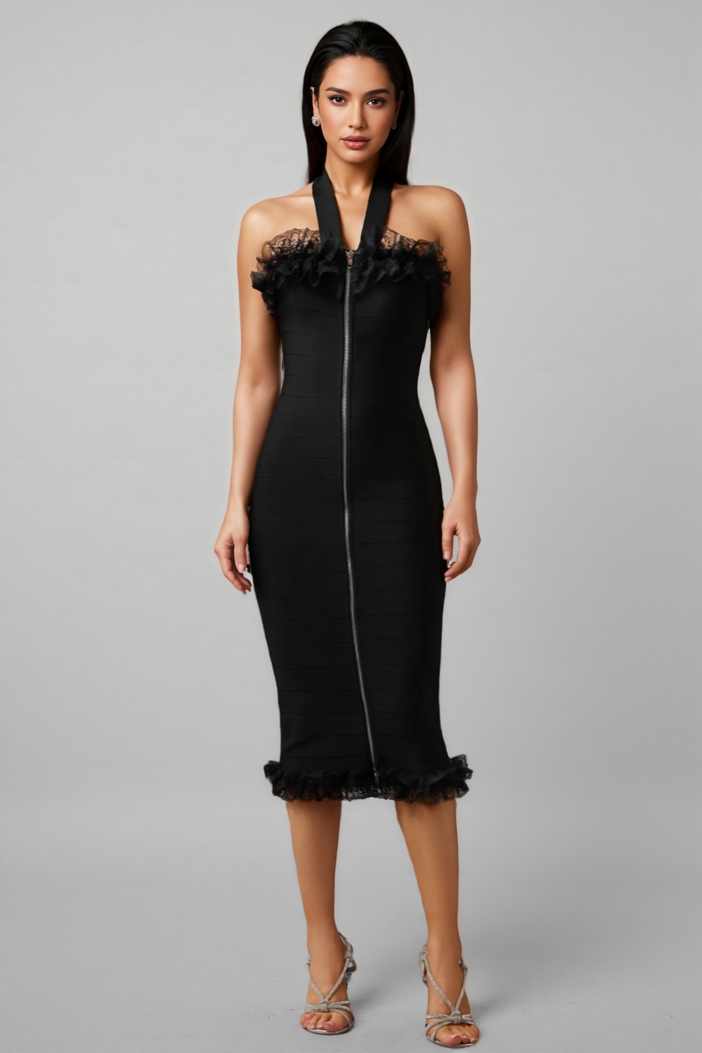 Sierra Halter Sleeveless Lace Bandage Midi Dress