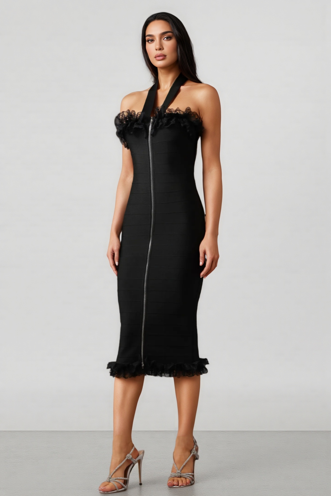 Sierra Halter Sleeveless Lace Bandage Midi Dress