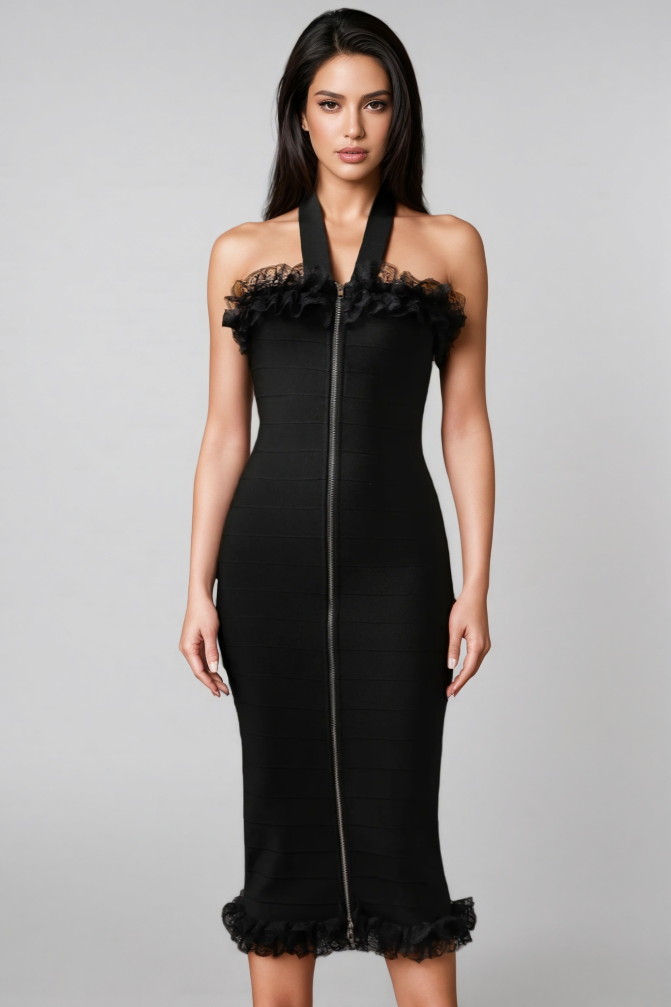 Sierra Halter Sleeveless Lace Bandage Midi Dress